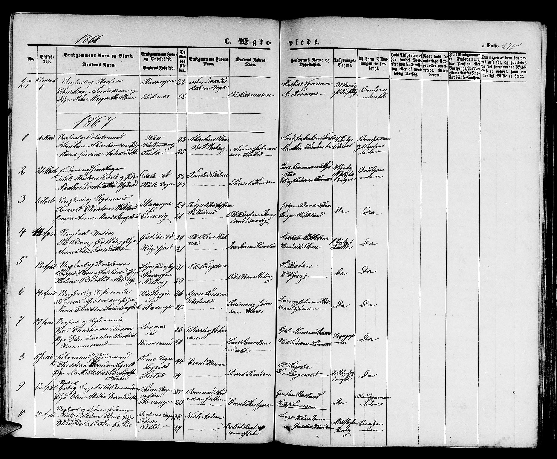 Hetland sokneprestkontor, SAST/A-101826/30/30BB/L0003: Parish register (copy) no. B 3, 1863-1877, p. 275