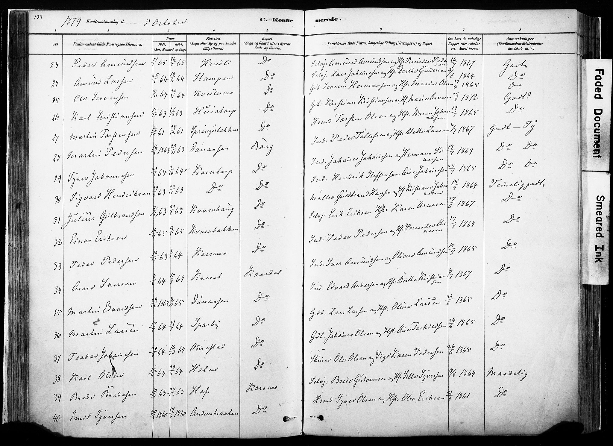 Hof prestekontor, AV/SAH-PREST-038/H/Ha/Haa/L0010: Parish register (official) no. 10, 1878-1909, p. 139