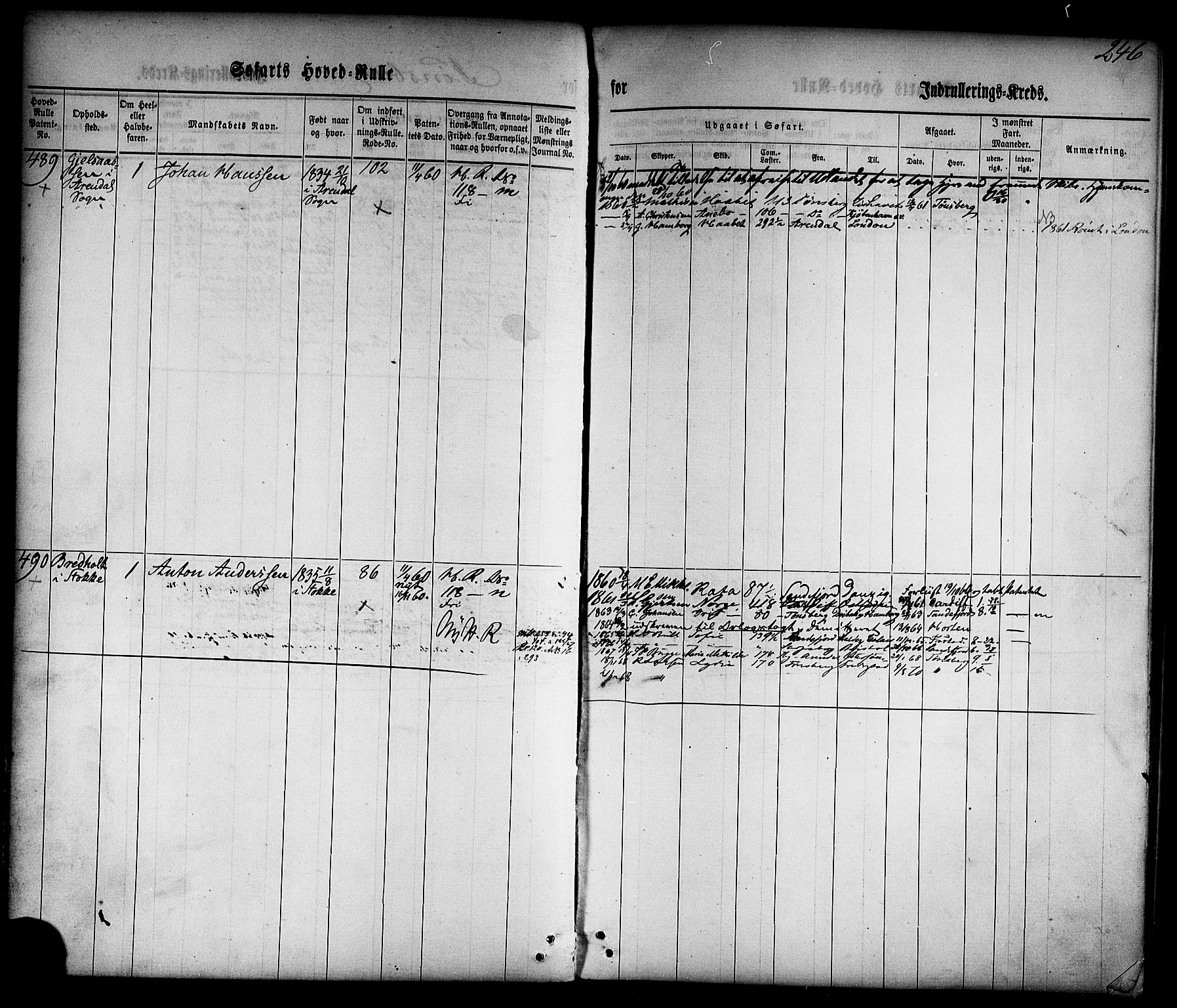 Tønsberg innrulleringskontor, AV/SAKO-A-786/F/Fc/Fca/L0001: Hovedrulle Patent nr. 1-1428, 1860-1861, p. 285