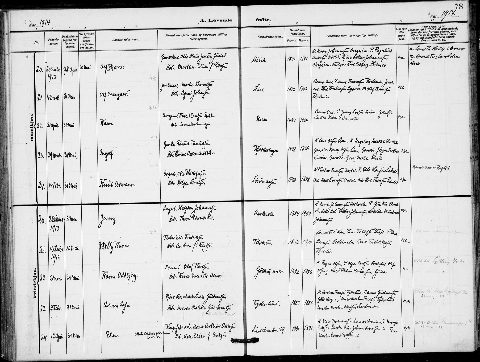 Lier kirkebøker, AV/SAKO-A-230/F/Fa/L0018: Parish register (official) no. I 18, 1909-1917, p. 78