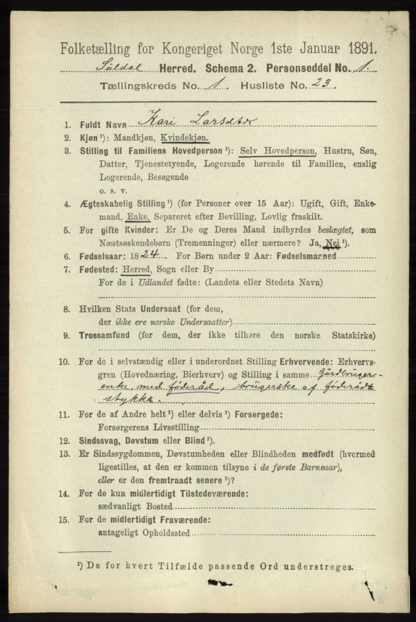 RA, 1891 census for 1134 Suldal, 1891, p. 192