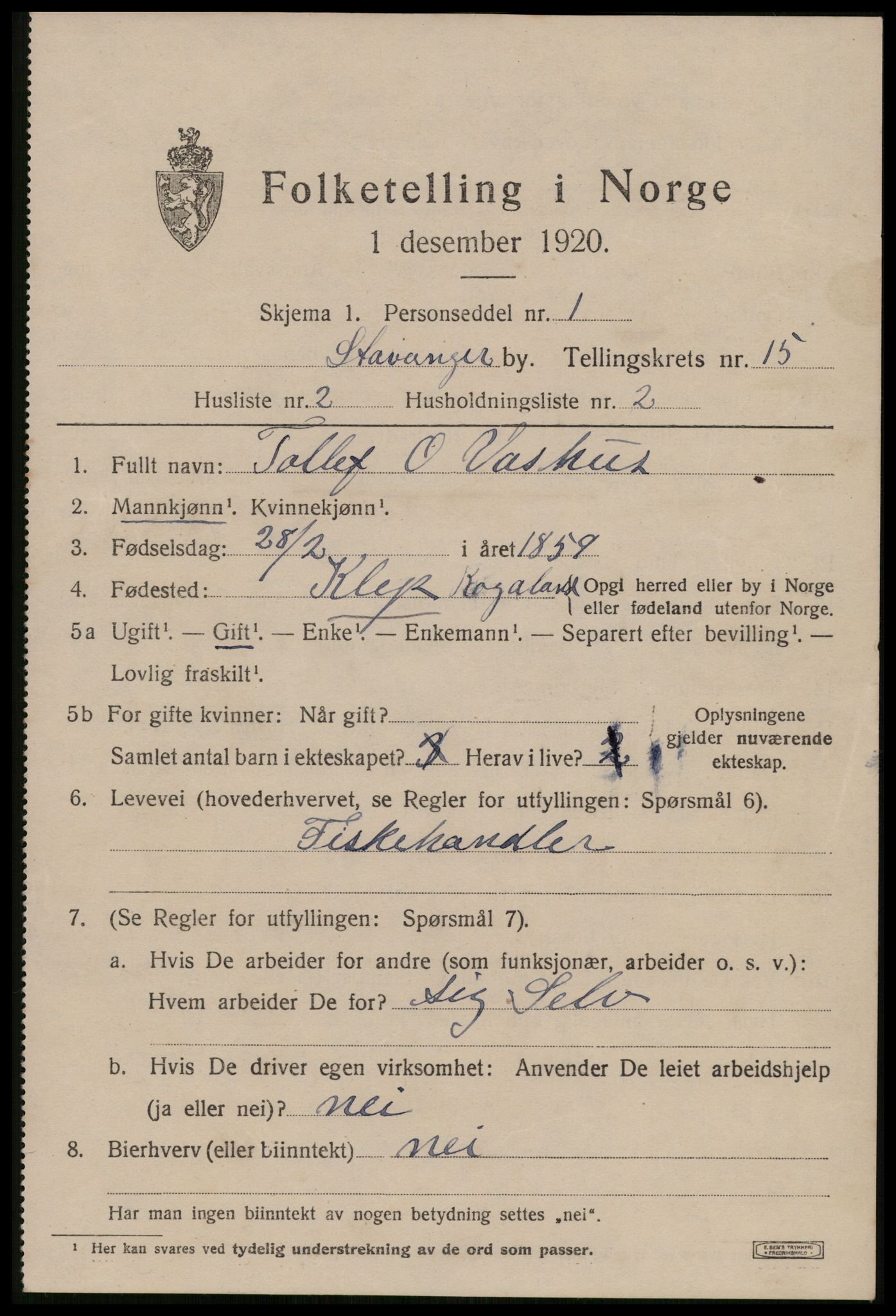 SAST, 1920 census for Stavanger, 1920, p. 61456