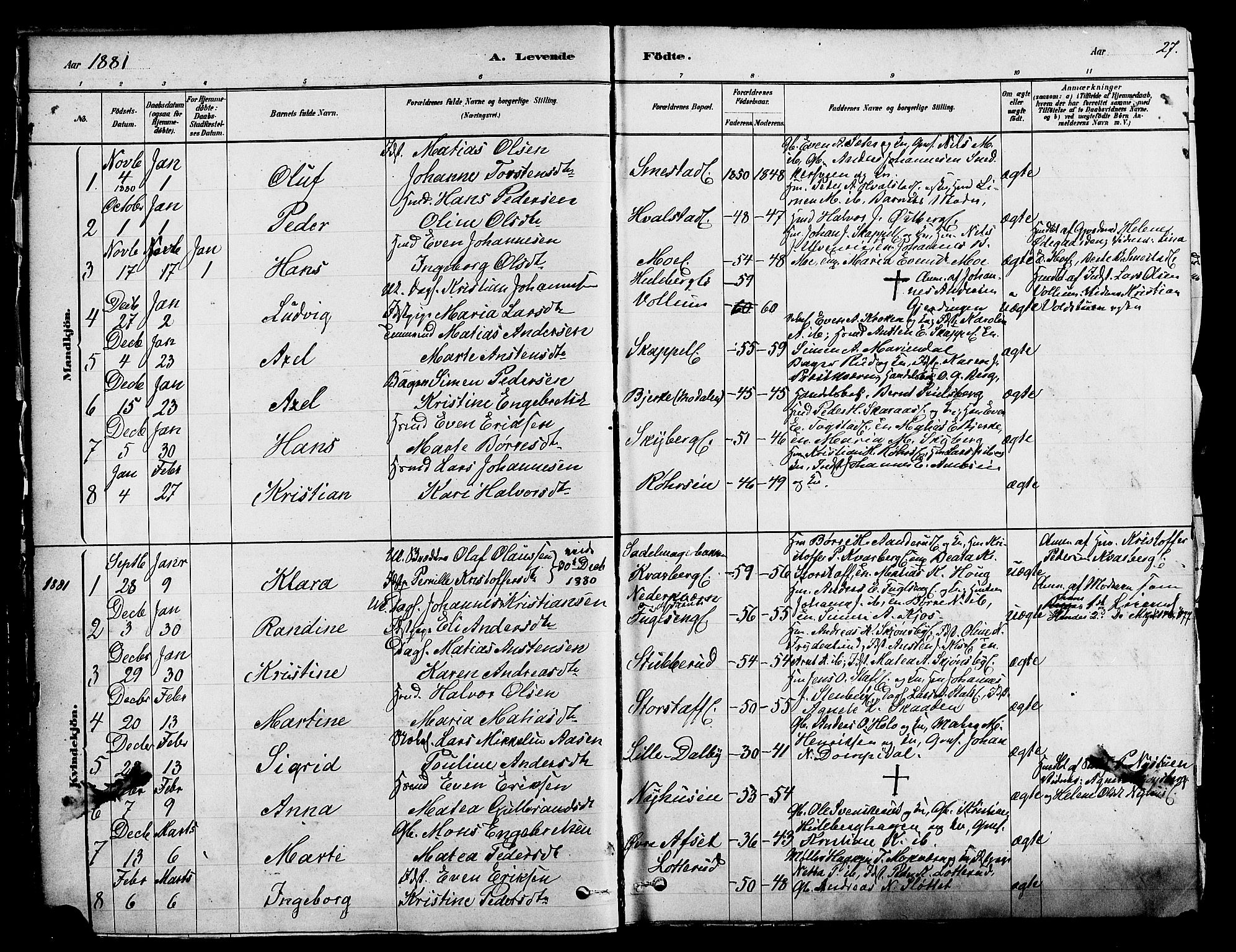 Ringsaker prestekontor, AV/SAH-PREST-014/K/Ka/L0012: Parish register (official) no. 12, 1879-1890, p. 27