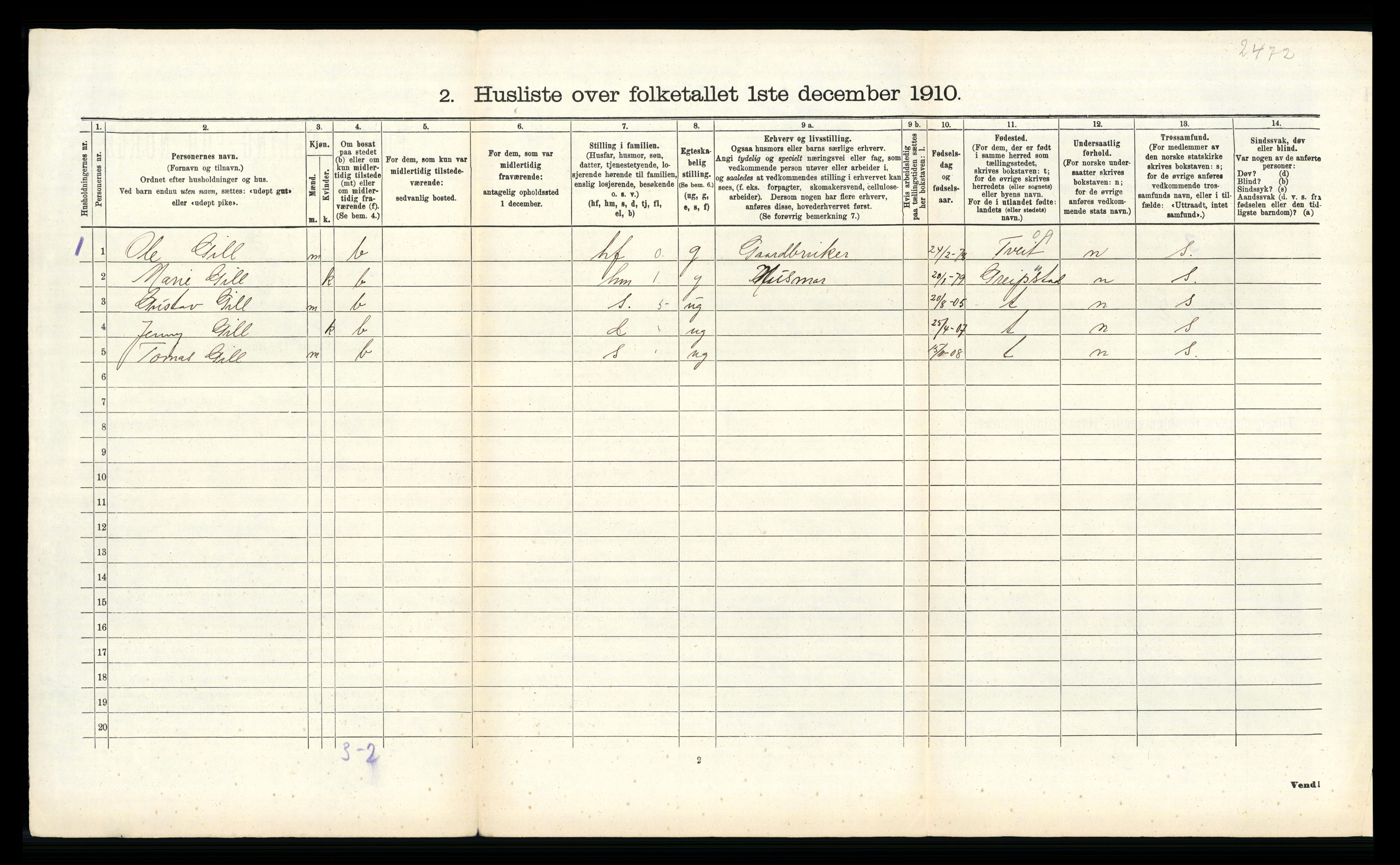 RA, 1910 census for Oddernes, 1910, p. 962