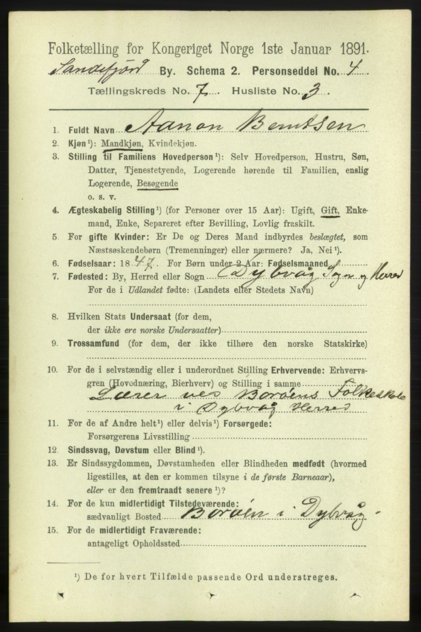 RA, 1891 census for 0706 Sandefjord, 1891, p. 2896