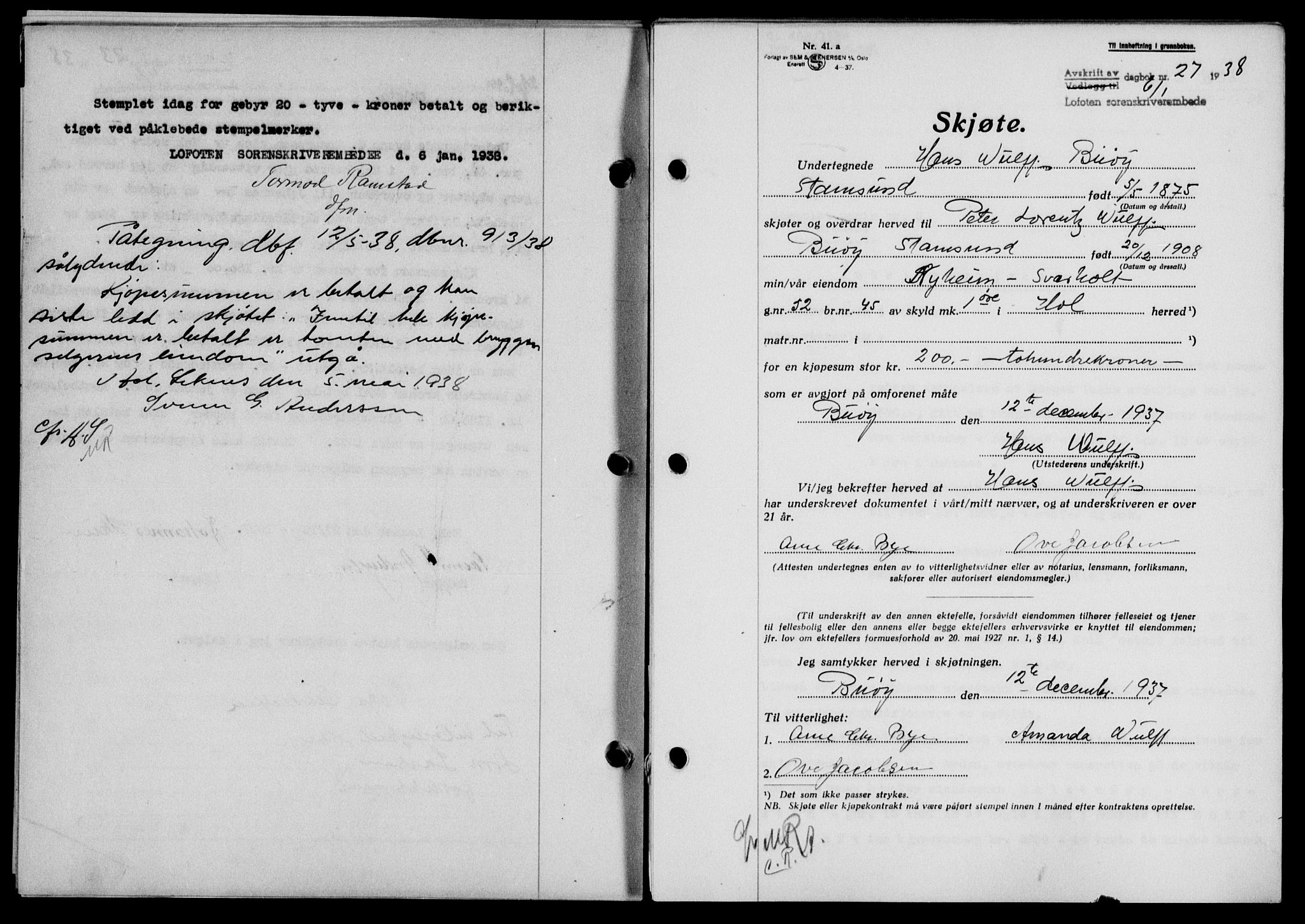 Lofoten sorenskriveri, SAT/A-0017/1/2/2C/L0003a: Mortgage book no. 3a, 1937-1938, Diary no: : 27/1938