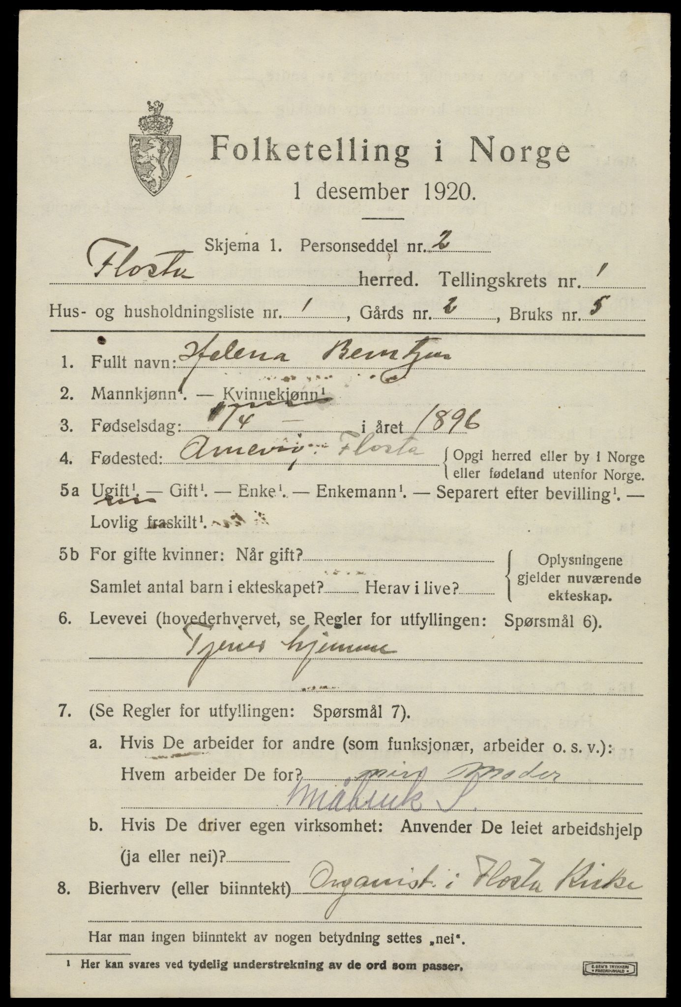 SAK, 1920 census for Flosta, 1920, p. 856