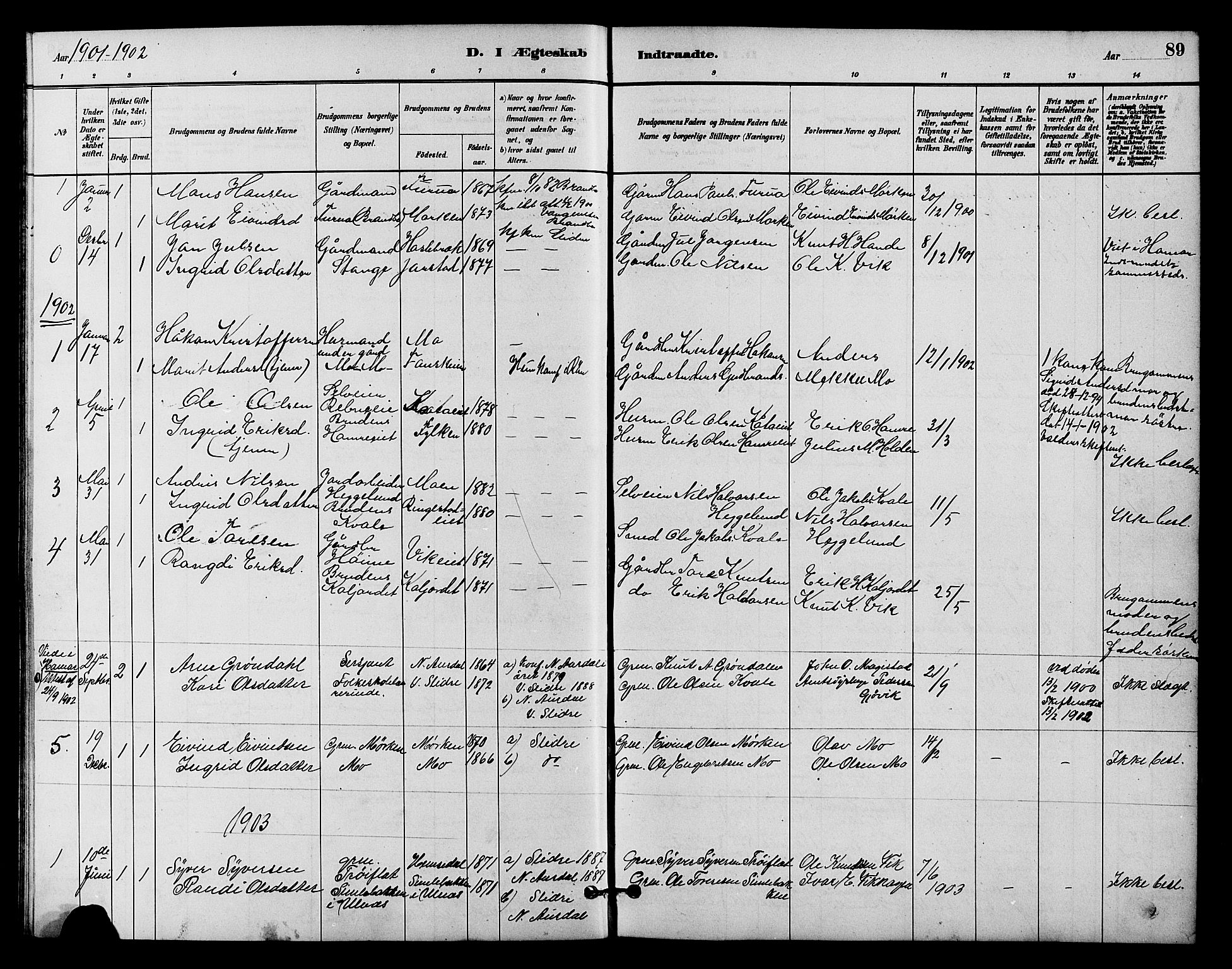 Vestre Slidre prestekontor, SAH/PREST-136/H/Ha/Hab/L0004: Parish register (copy) no. 4, 1881-1912, p. 89
