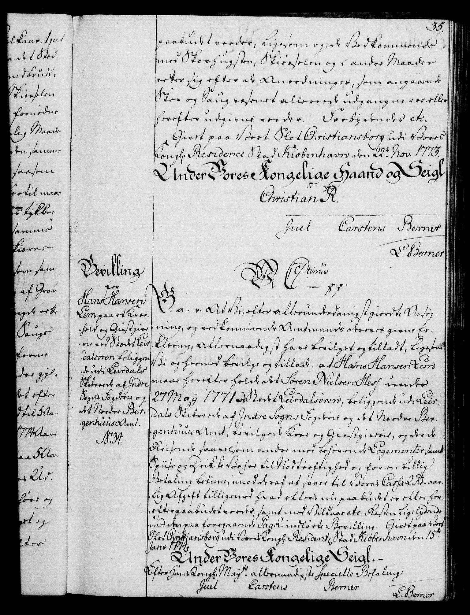 Rentekammeret, Kammerkanselliet, RA/EA-3111/G/Gg/Gga/L0010: Norsk ekspedisjonsprotokoll med register (merket RK 53.10), 1773-1778, p. 35