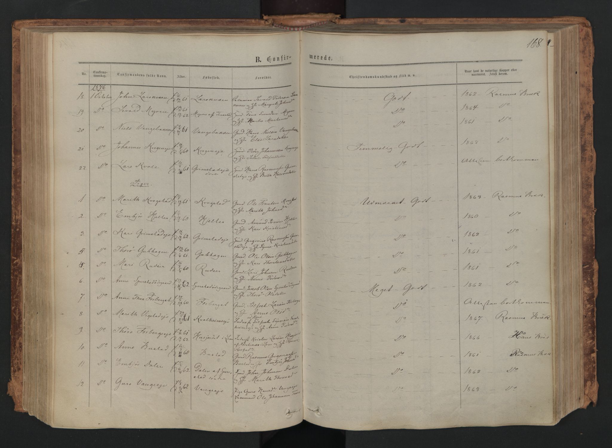 Skjåk prestekontor, SAH/PREST-072/H/Ha/Haa/L0001: Parish register (official) no. 1, 1863-1879, p. 168