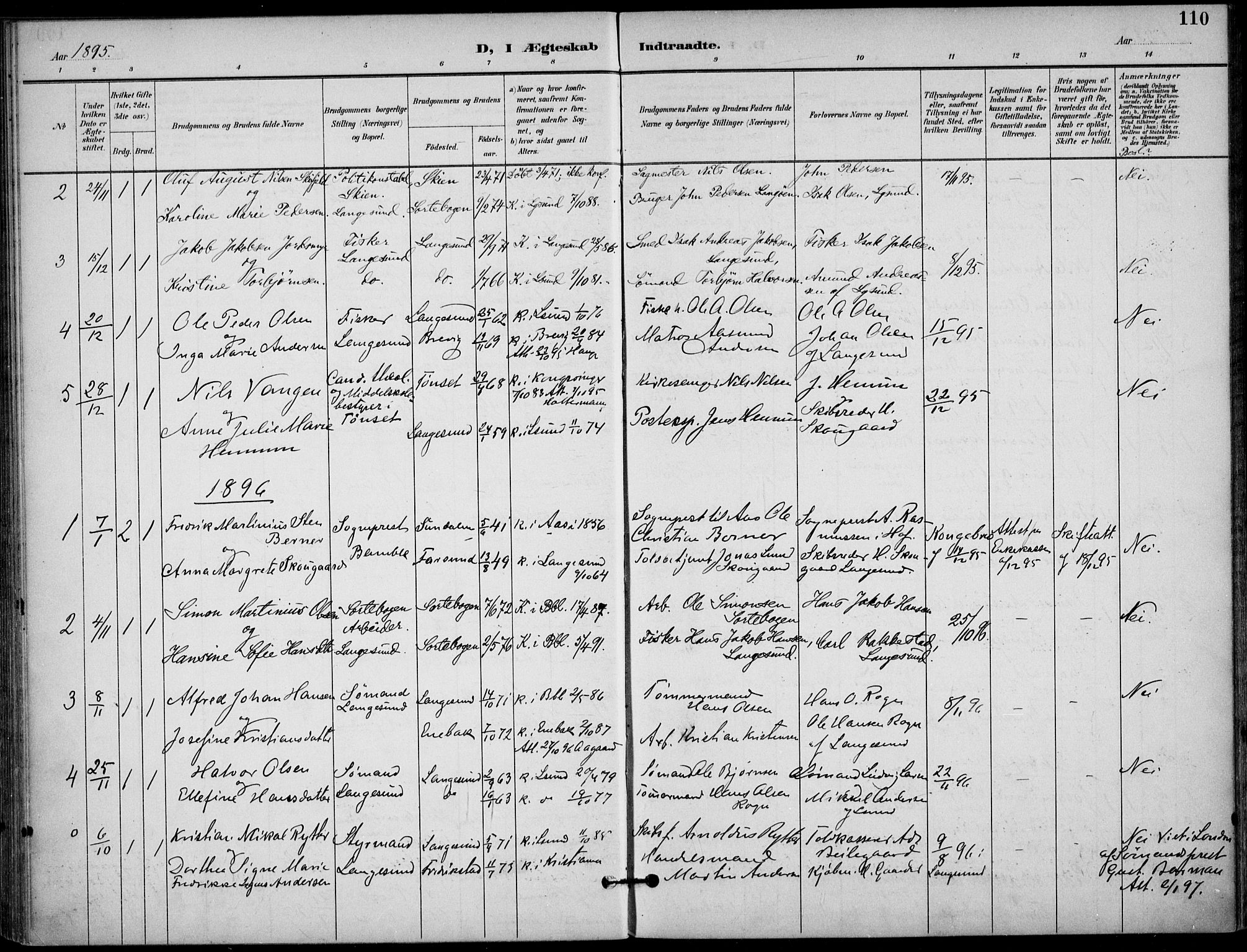 Langesund kirkebøker, SAKO/A-280/F/Fa/L0003: Parish register (official) no. 3, 1893-1907, p. 110