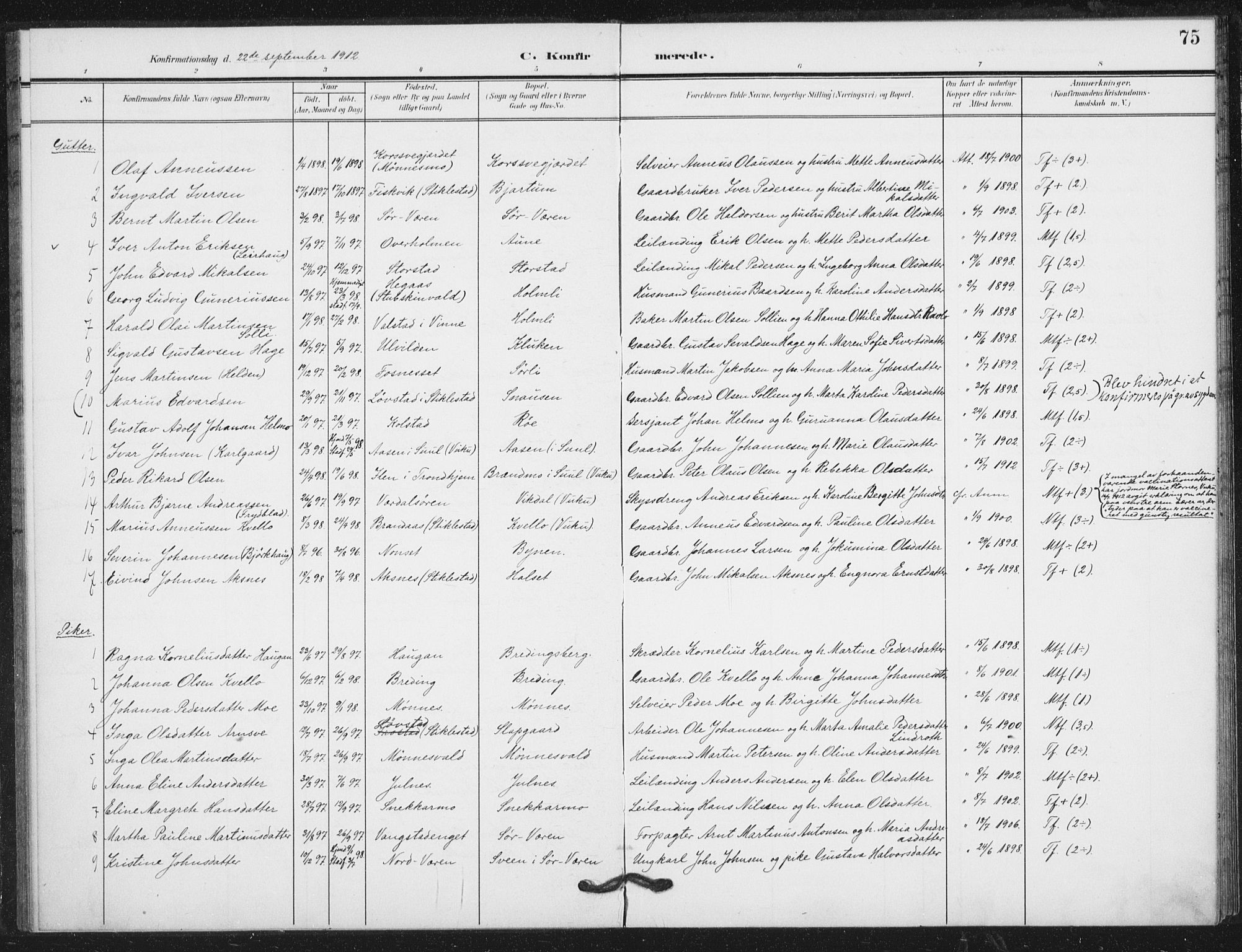 Ministerialprotokoller, klokkerbøker og fødselsregistre - Nord-Trøndelag, SAT/A-1458/724/L0264: Parish register (official) no. 724A02, 1908-1915, p. 75