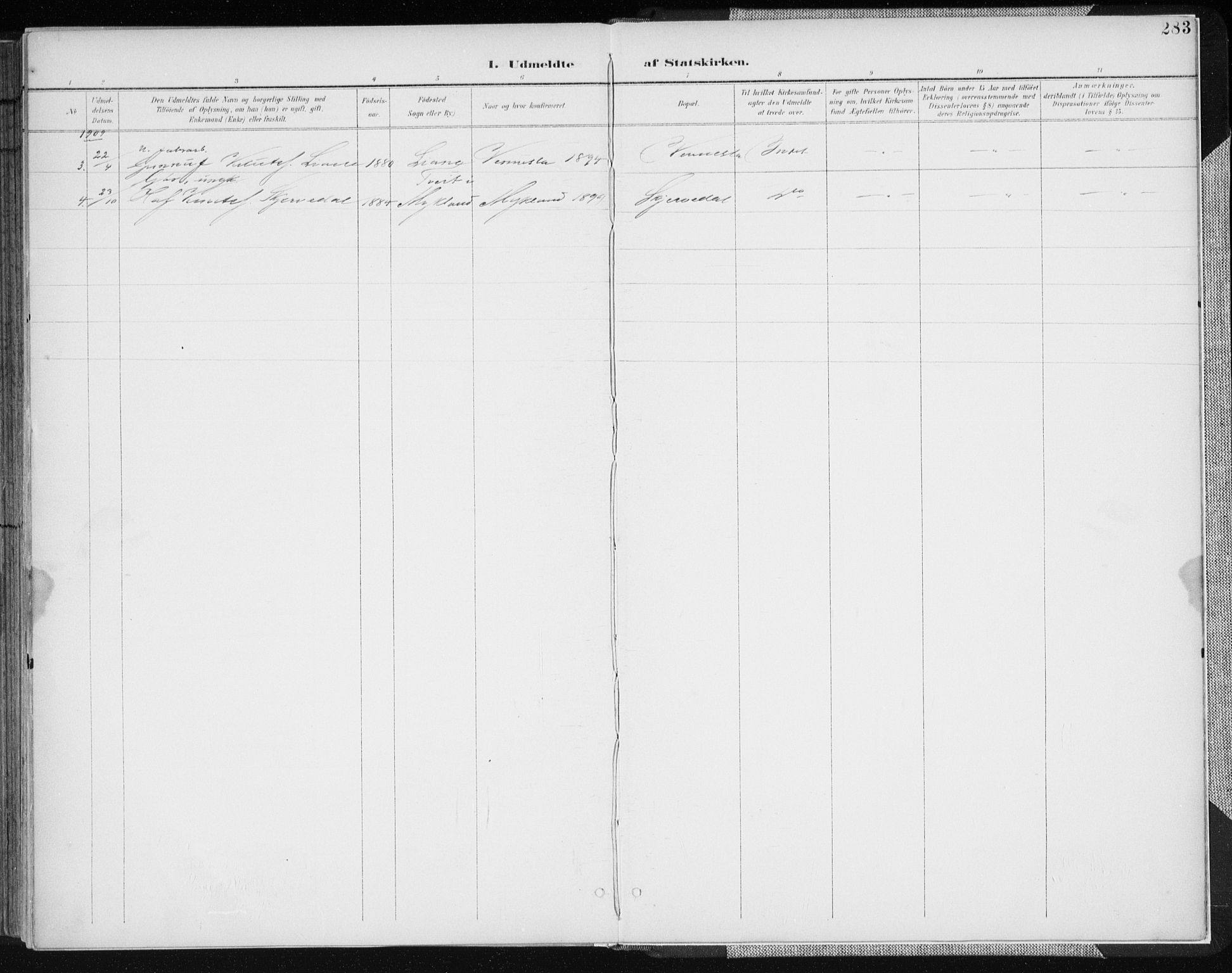 Vennesla sokneprestkontor, AV/SAK-1111-0045/Fa/Fab/L0005: Parish register (official) no. A 5, 1897-1909, p. 283