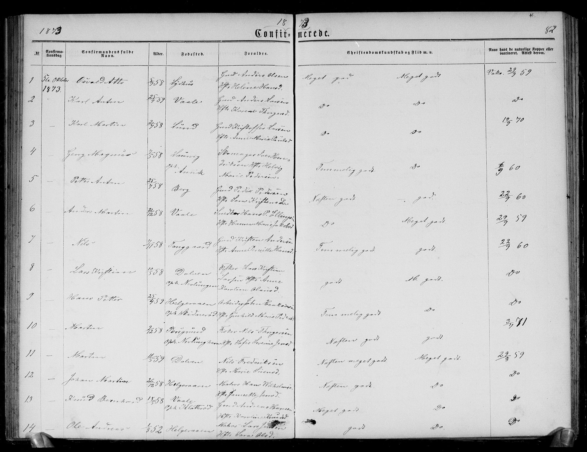 Brunlanes kirkebøker, AV/SAKO-A-342/G/Gb/L0001: Parish register (copy) no. II 1, 1866-1877, p. 82