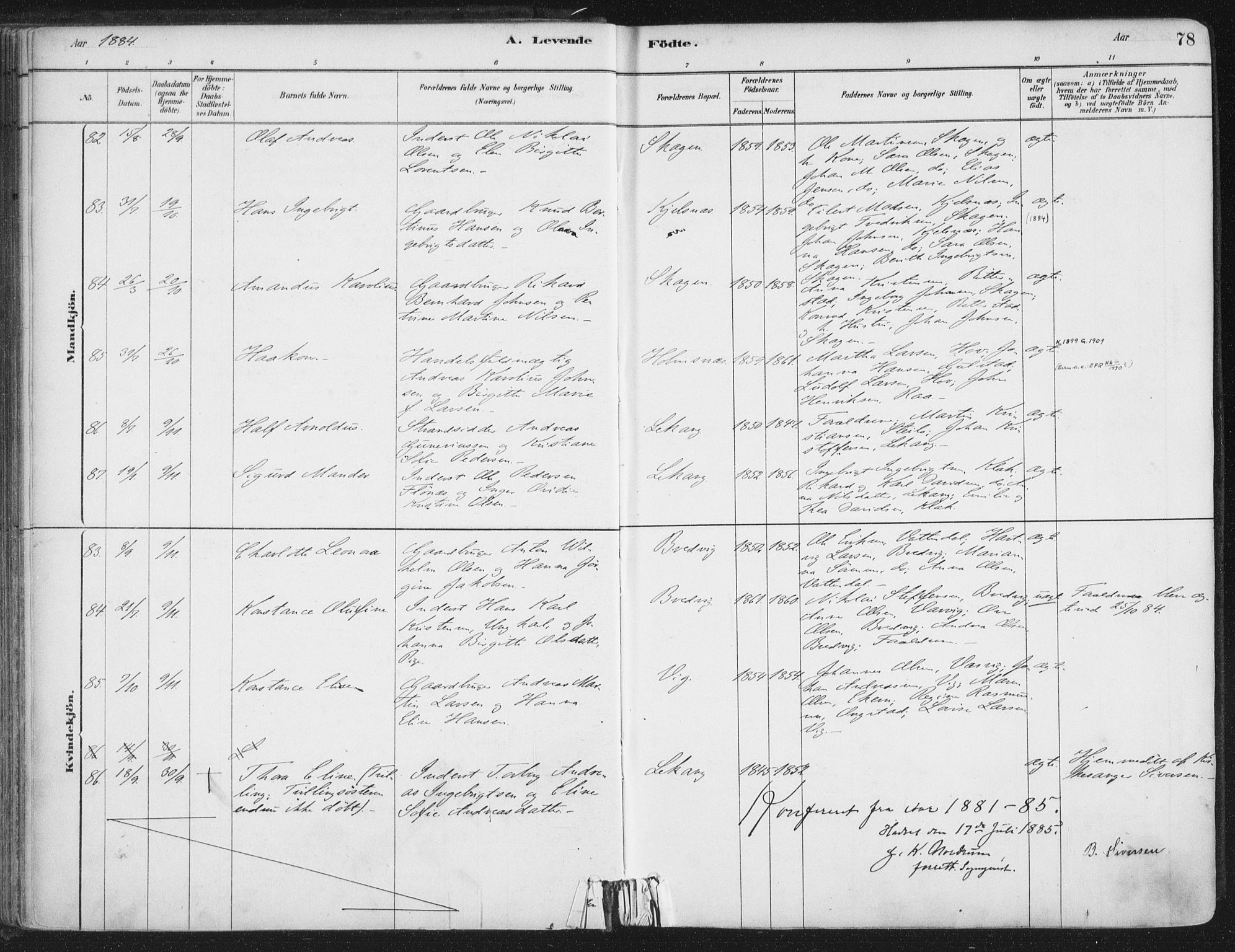 Ministerialprotokoller, klokkerbøker og fødselsregistre - Nordland, SAT/A-1459/888/L1244: Parish register (official) no. 888A10, 1880-1890, p. 78