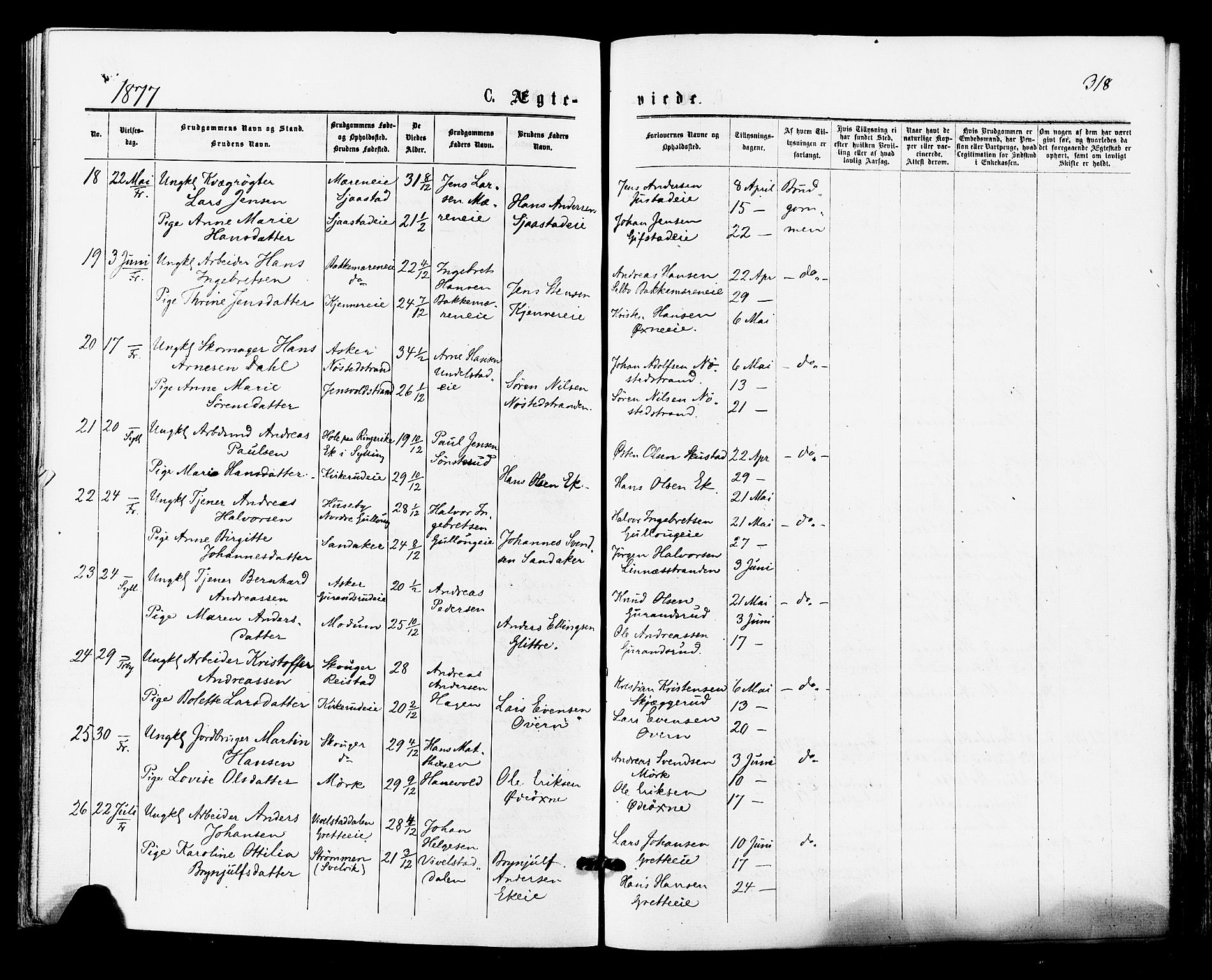 Lier kirkebøker, AV/SAKO-A-230/F/Fa/L0014: Parish register (official) no. I 14, 1875-1882, p. 318