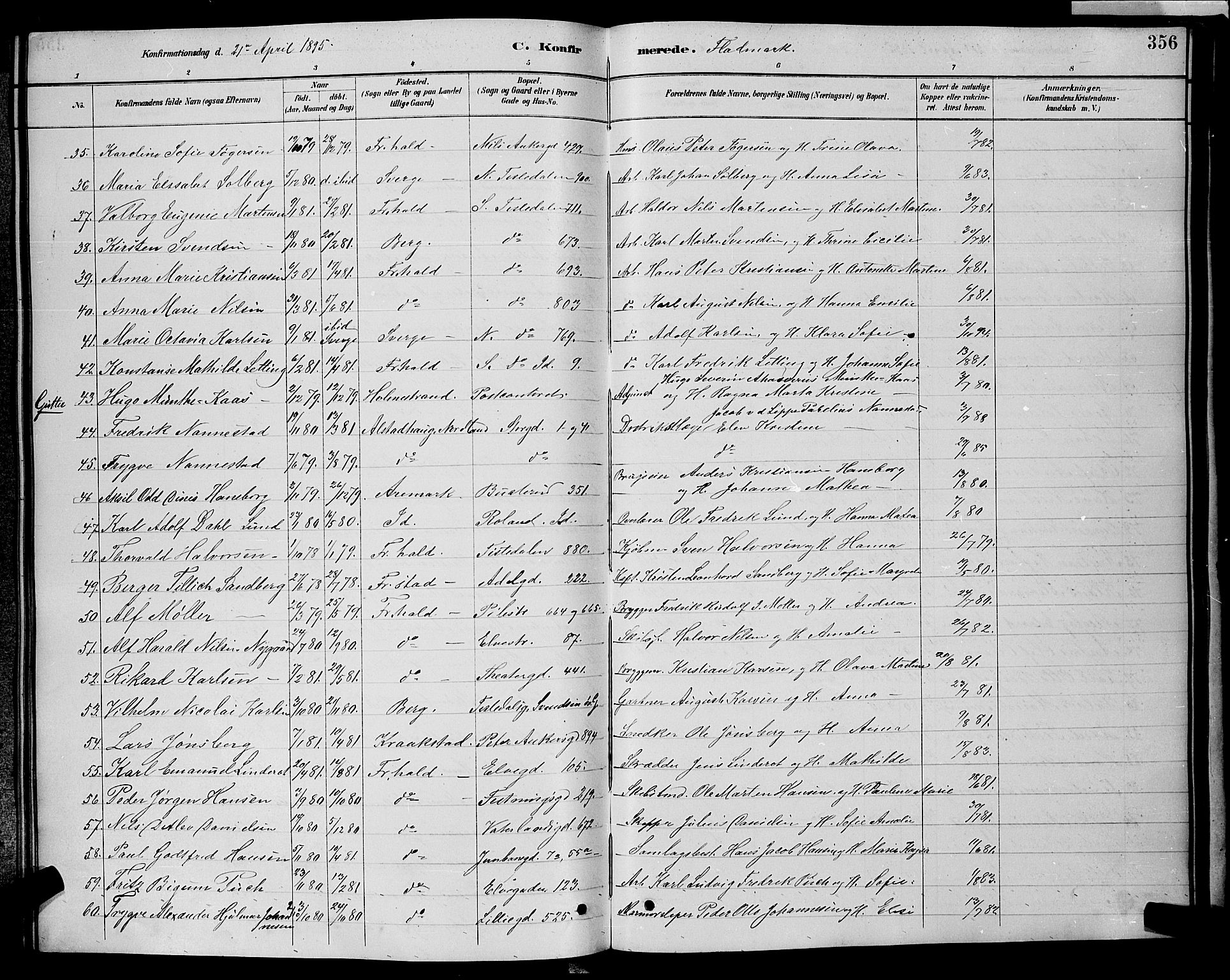 Halden prestekontor Kirkebøker, AV/SAO-A-10909/G/Ga/L0008: Parish register (copy) no. 8, 1885-1899, p. 356