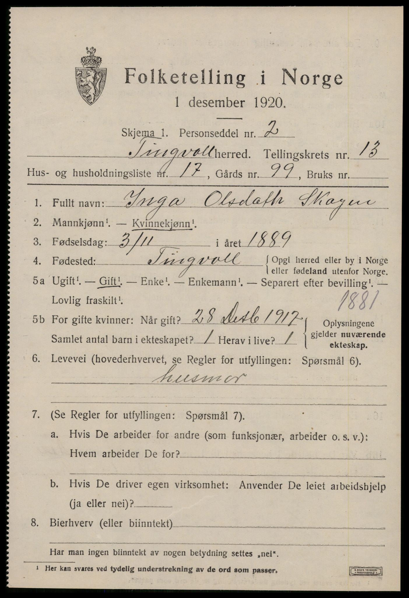 SAT, 1920 census for Tingvoll, 1920, p. 6972