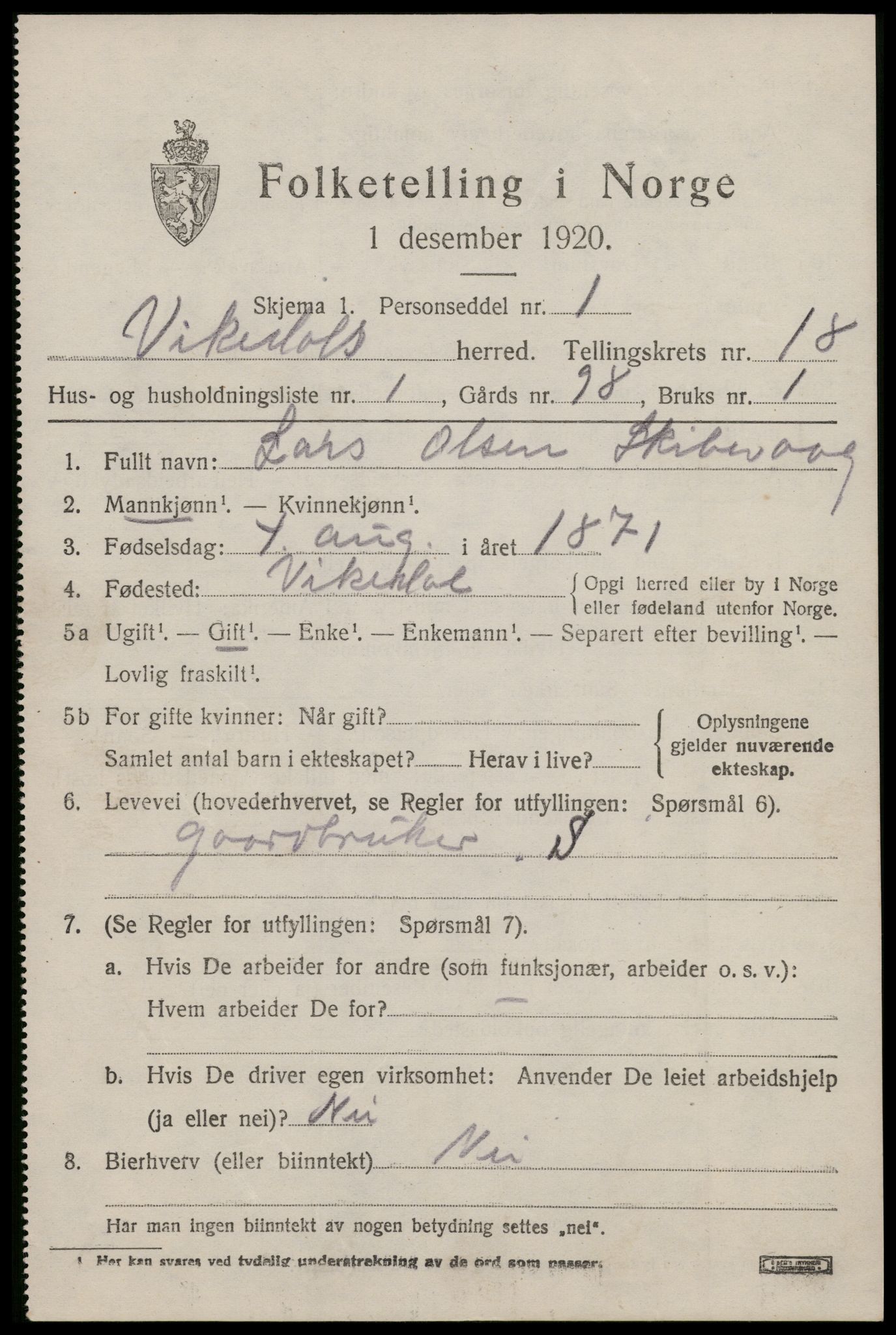 SAST, 1920 census for Vikedal, 1920, p. 5159