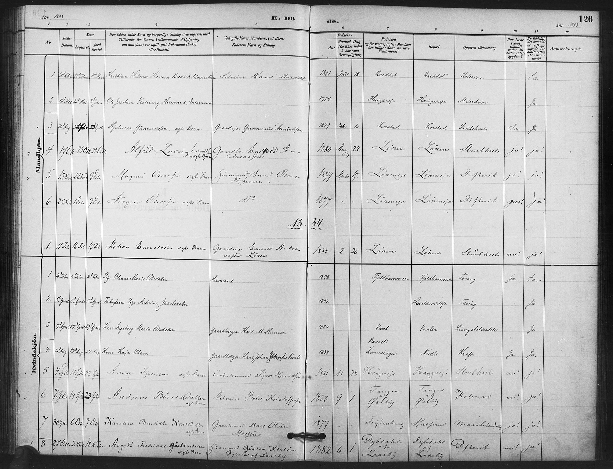 Skedsmo prestekontor Kirkebøker, SAO/A-10033a/F/Fb/L0001: Parish register (official) no. II 1, 1883-1901, p. 126