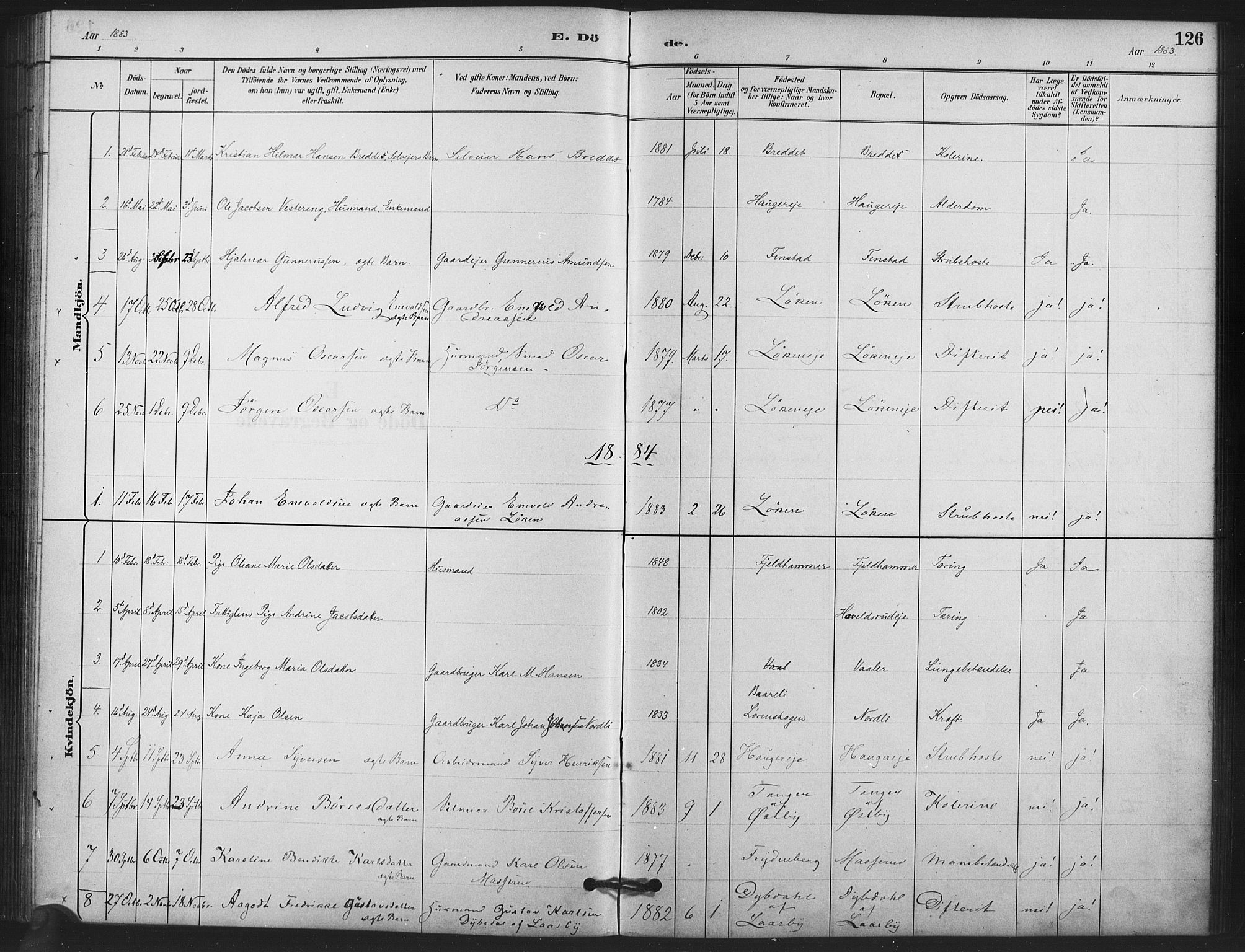 Skedsmo prestekontor Kirkebøker, AV/SAO-A-10033a/F/Fb/L0001: Parish register (official) no. II 1, 1883-1901, p. 126