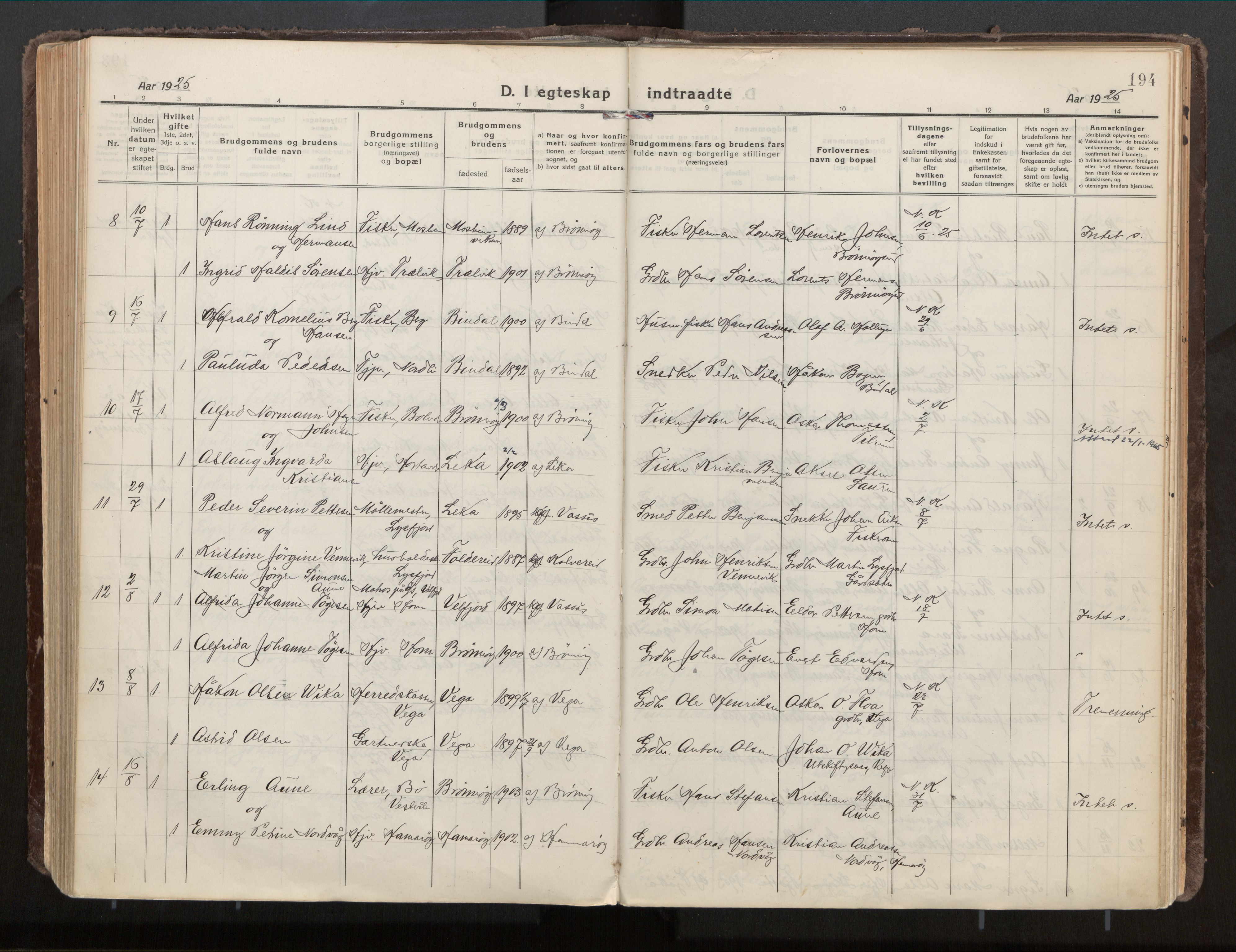Ministerialprotokoller, klokkerbøker og fødselsregistre - Nordland, SAT/A-1459/813/L0207a: Parish register (official) no. 813A18, 1919-1927, p. 194