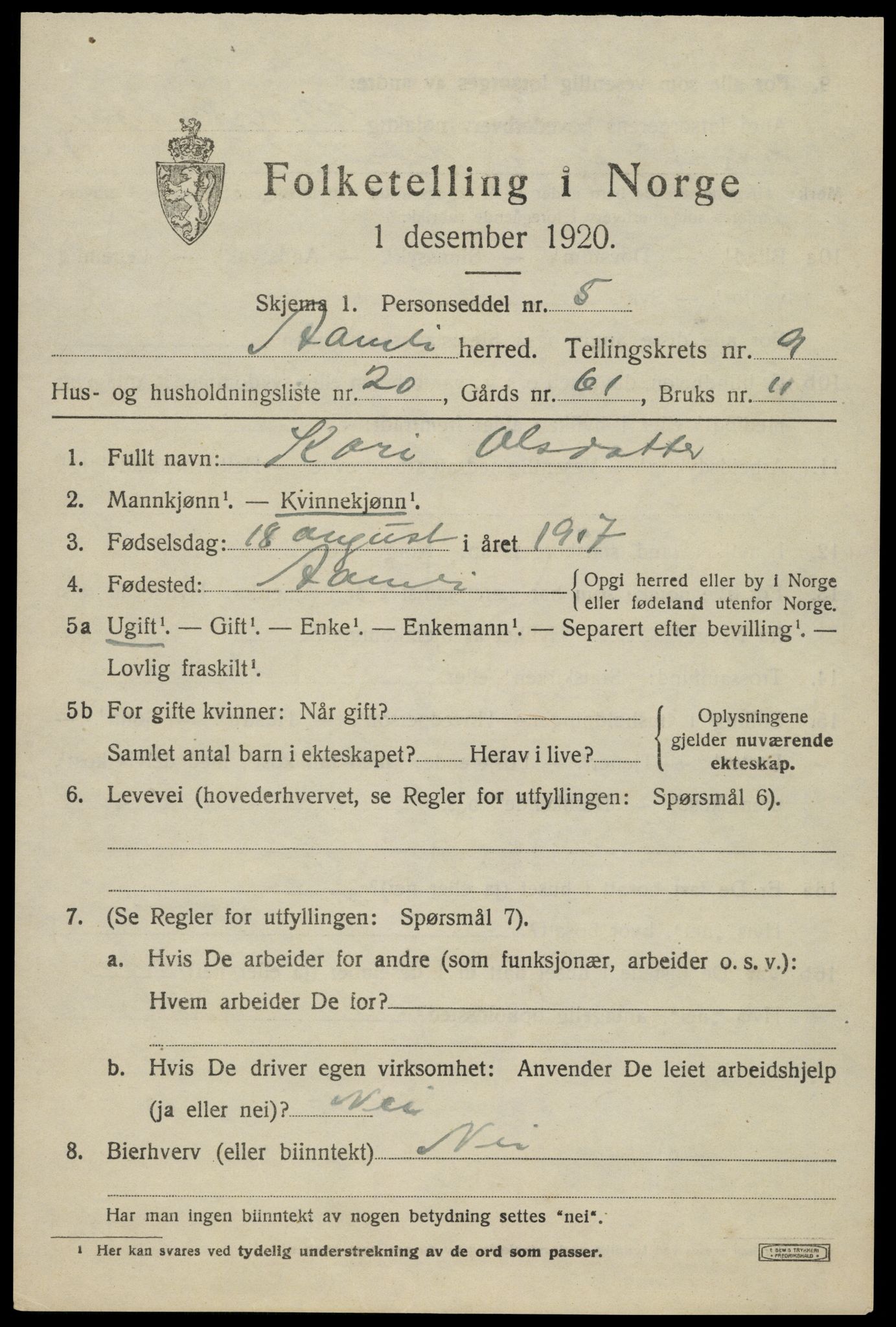 SAK, 1920 census for Åmli, 1920, p. 3707