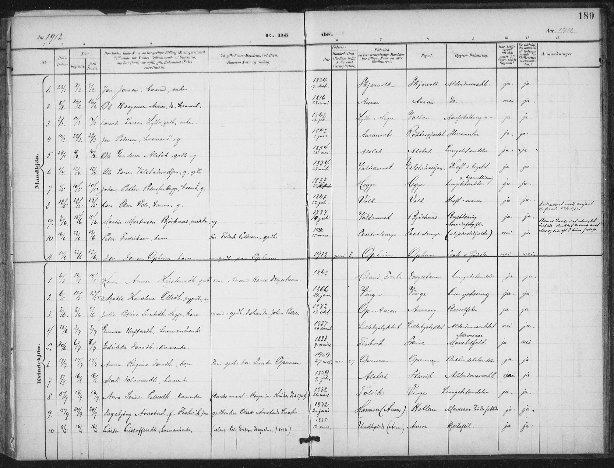 Ministerialprotokoller, klokkerbøker og fødselsregistre - Nord-Trøndelag, SAT/A-1458/712/L0101: Parish register (official) no. 712A02, 1901-1916, p. 189