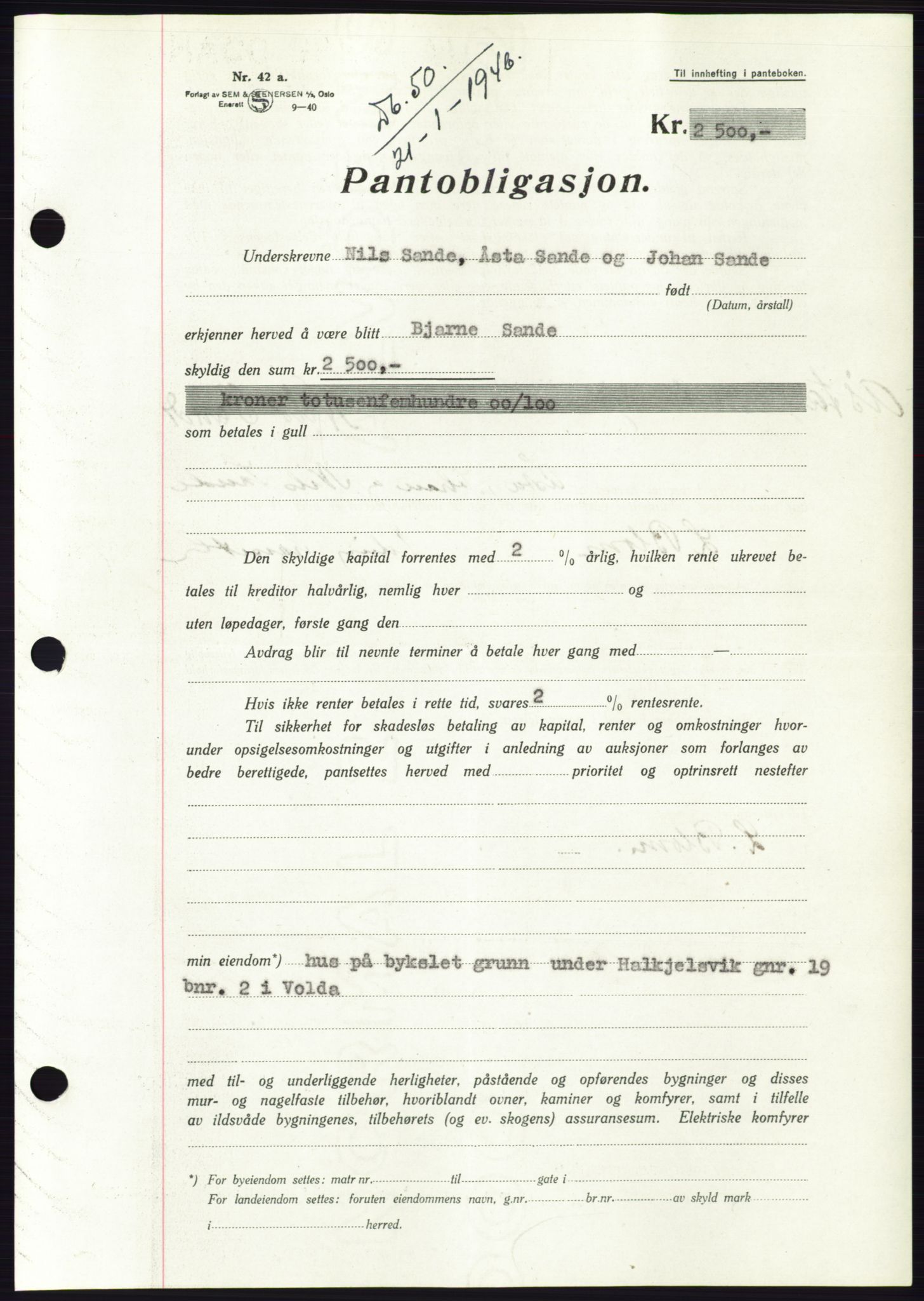 Søre Sunnmøre sorenskriveri, AV/SAT-A-4122/1/2/2C/L0114: Mortgage book no. 1-2B, 1943-1947, Diary no: : 50/1946