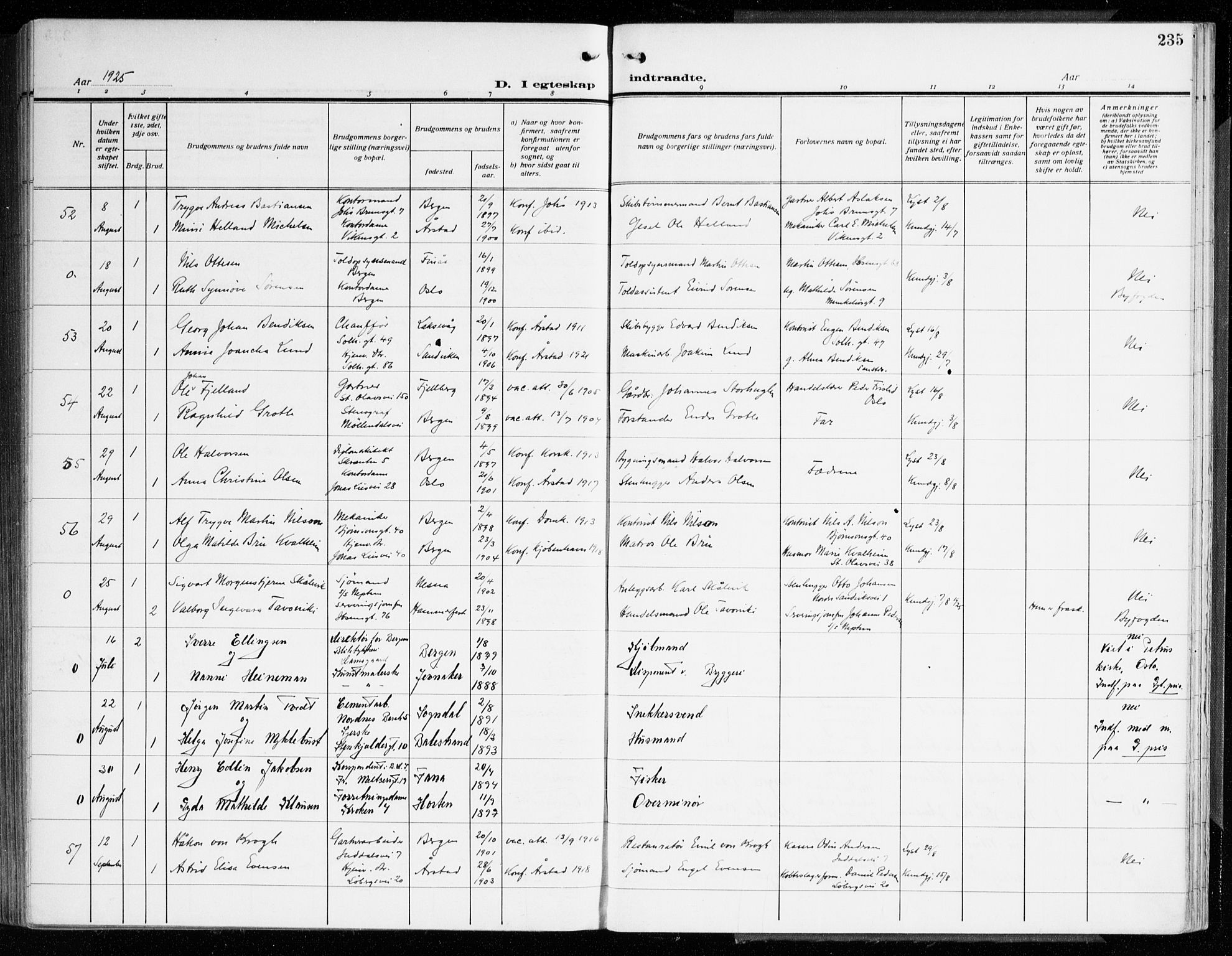 Årstad Sokneprestembete, AV/SAB-A-79301/H/Haa/L0004: Parish register (official) no. A 4, 1919-1928, p. 235