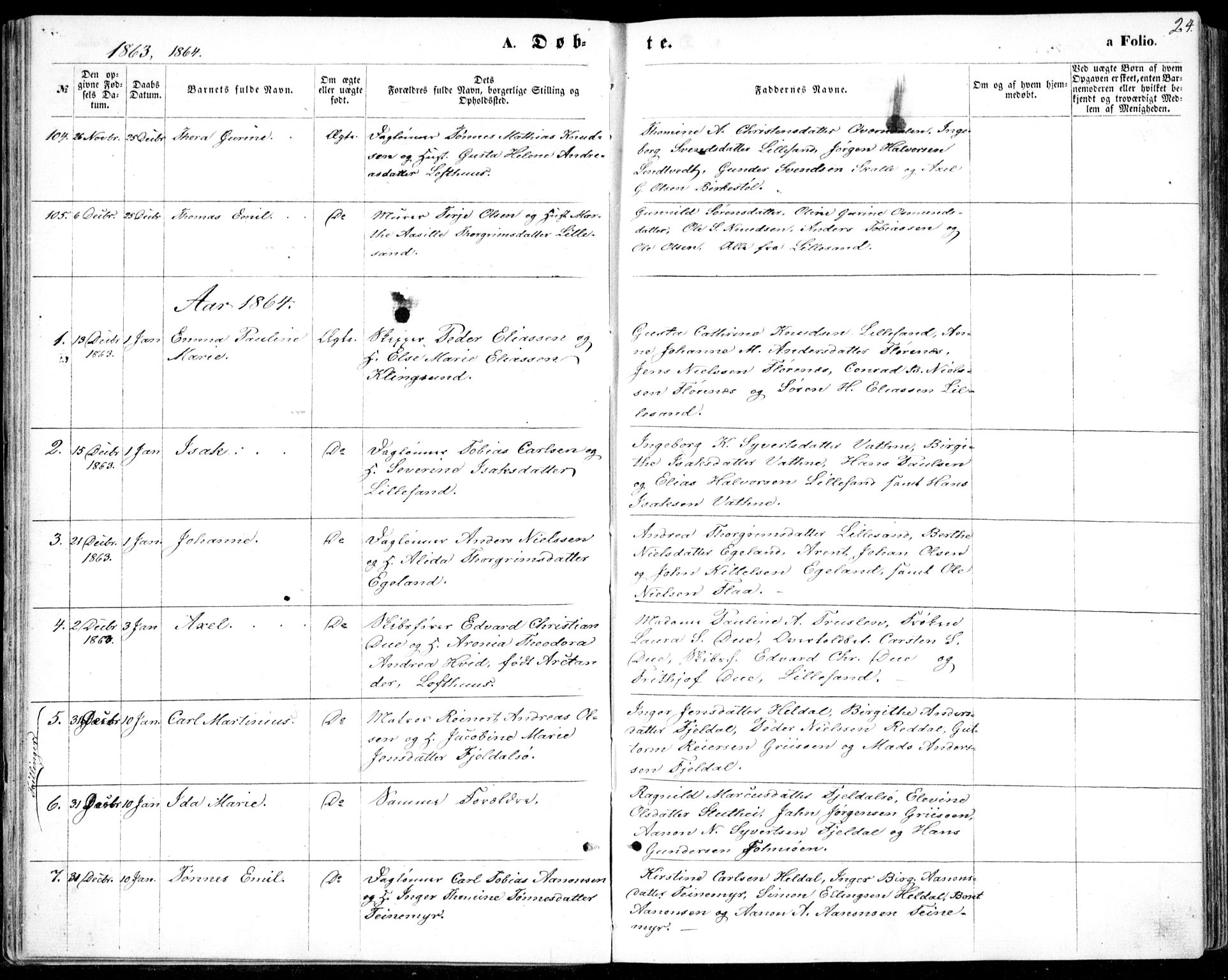 Vestre Moland sokneprestkontor, SAK/1111-0046/F/Fb/Fbb/L0004: Parish register (copy) no. B 4, 1861-1872, p. 24
