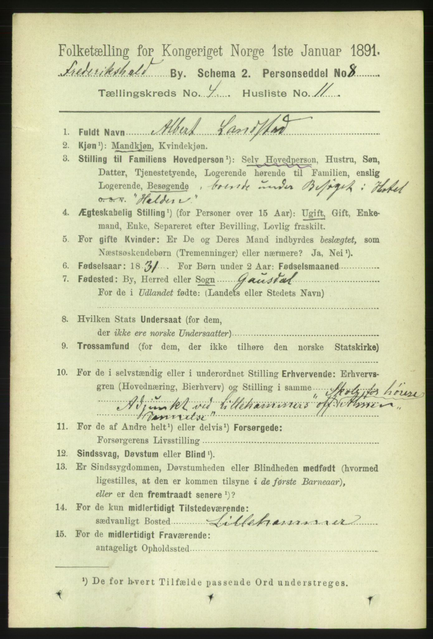RA, 1891 census for 0101 Fredrikshald, 1891, p. 3835