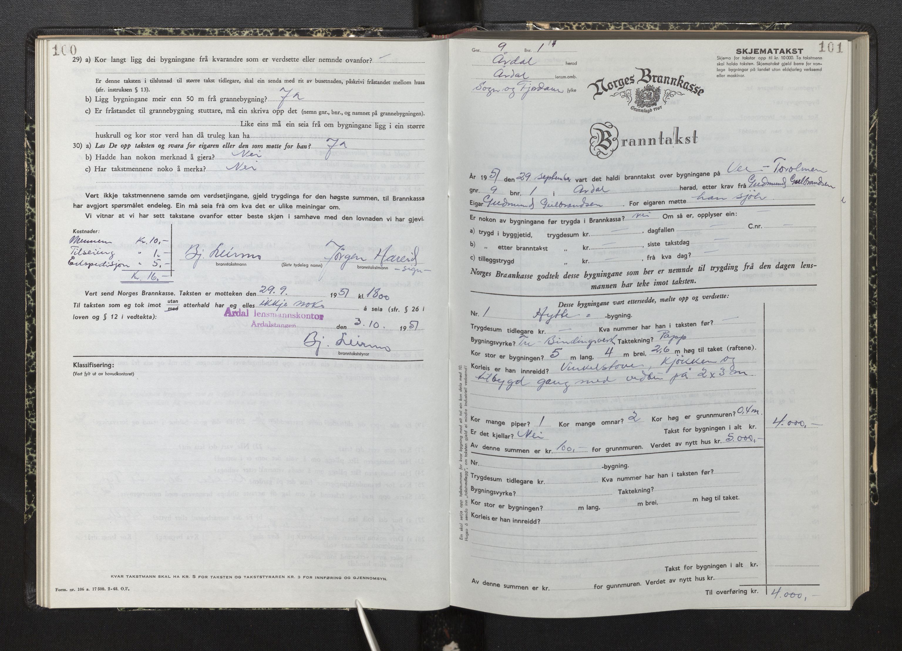 Lensmannen i Årdal, AV/SAB-A-30501/0012/L0012: Branntakstprotokoll, skjematakst, 1949-1955, p. 100-101