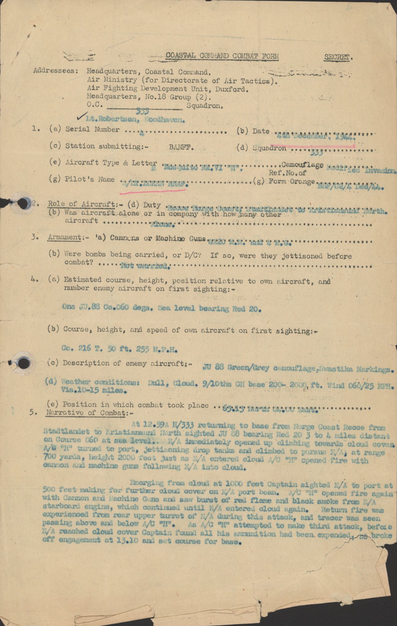 Forsvaret, 333 Skvadron, RA/RAFA-2003/1/Da/L0041: Combat, Crash and and Circumstantial Reports , 1943-1945, p. 24