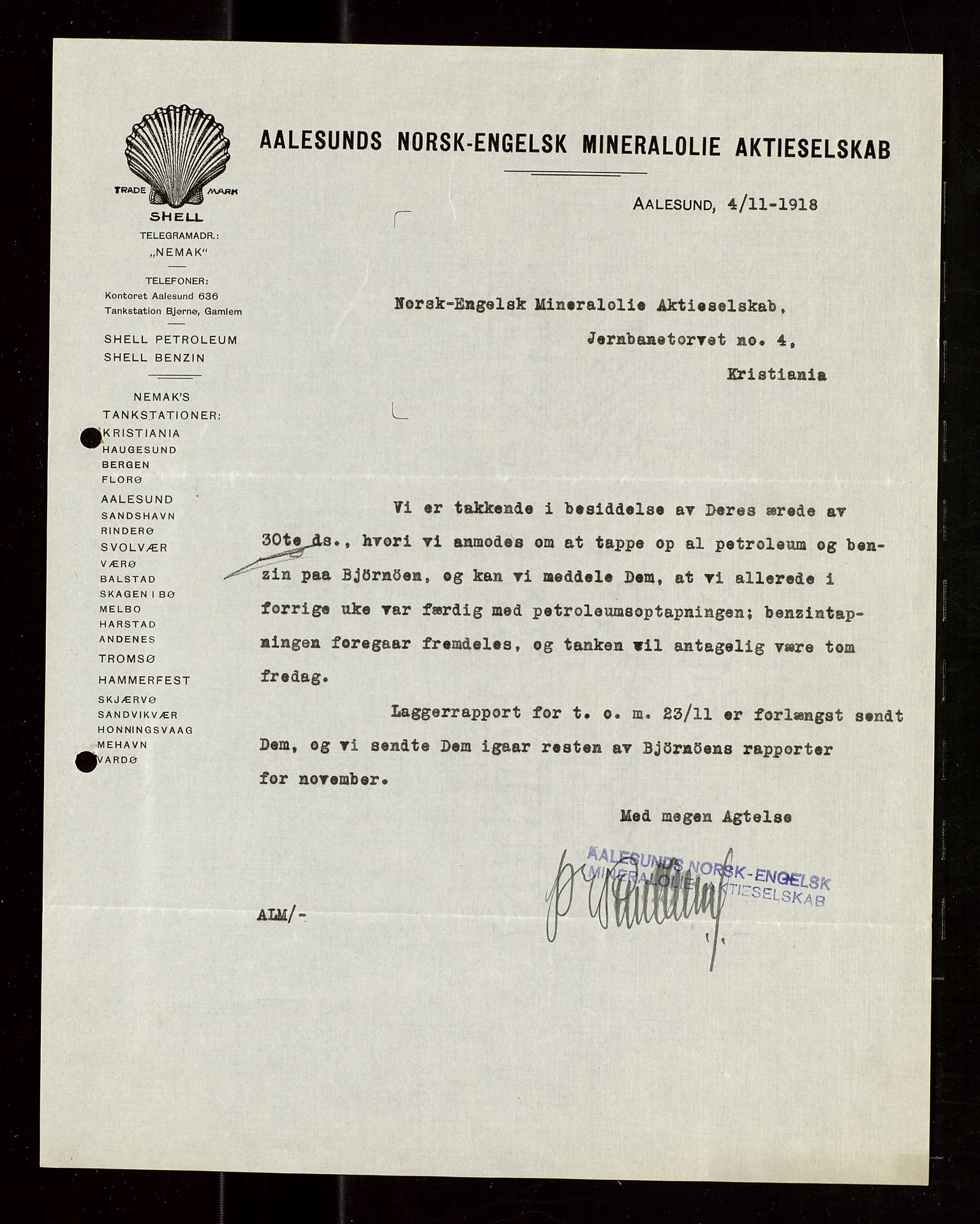 Pa 1521 - A/S Norske Shell, AV/SAST-A-101915/E/Ea/Eaa/L0021: Sjefskorrespondanse, 1918, p. 278