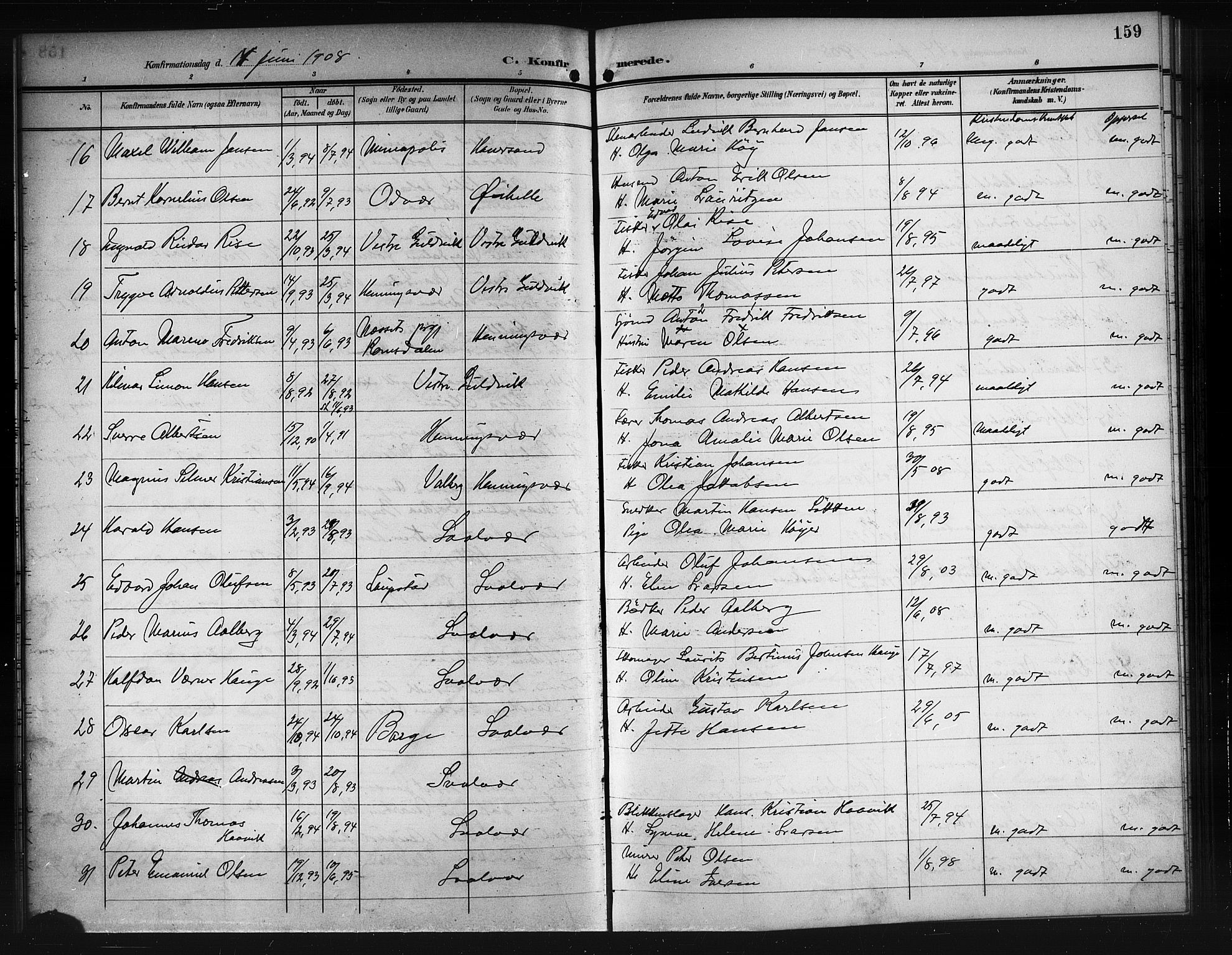 Ministerialprotokoller, klokkerbøker og fødselsregistre - Nordland, AV/SAT-A-1459/874/L1079: Parish register (copy) no. 874C08, 1907-1915, p. 159