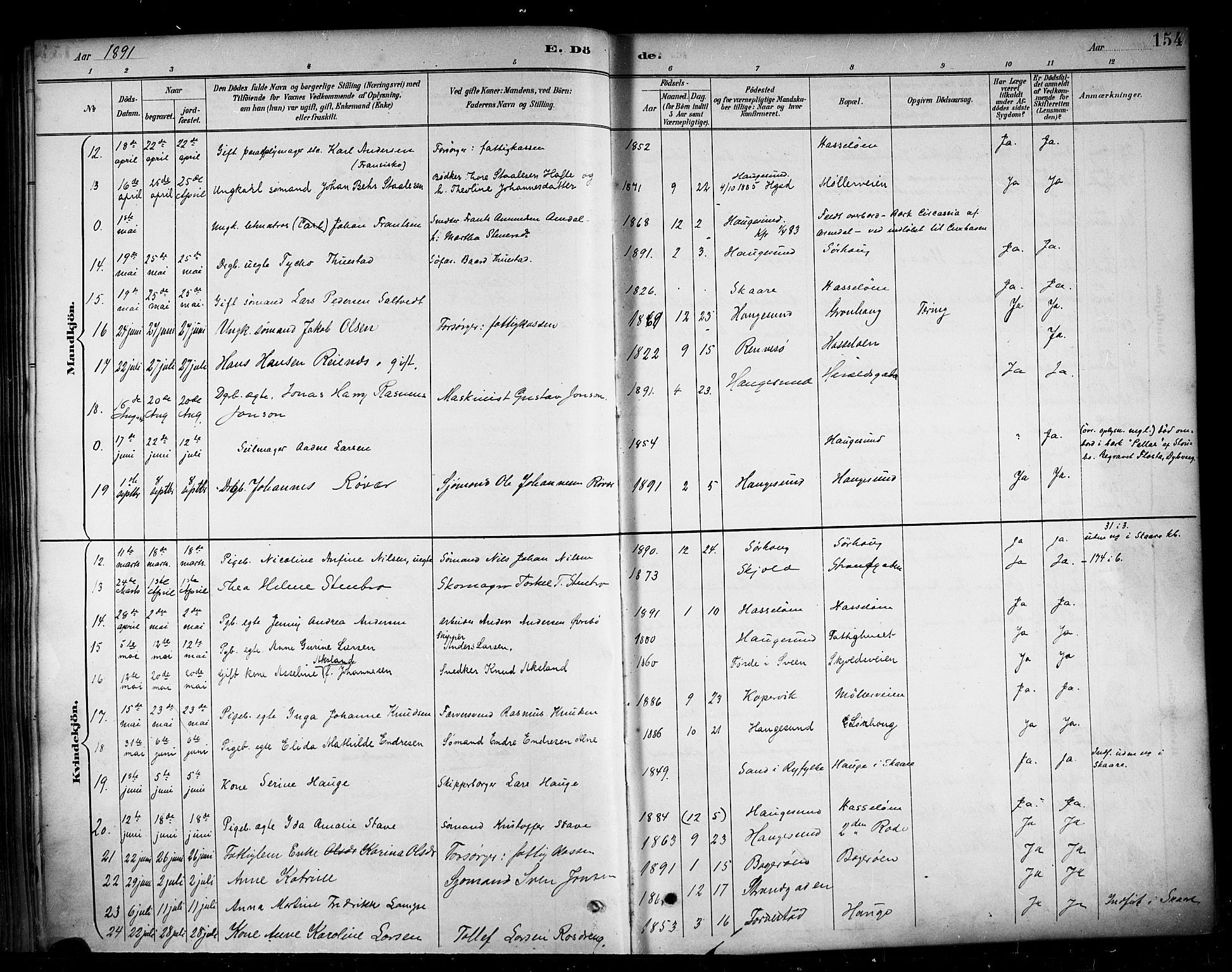 Haugesund sokneprestkontor, AV/SAST-A -101863/H/Ha/Haa/L0005: Parish register (official) no. A 5, 1891-1903, p. 154