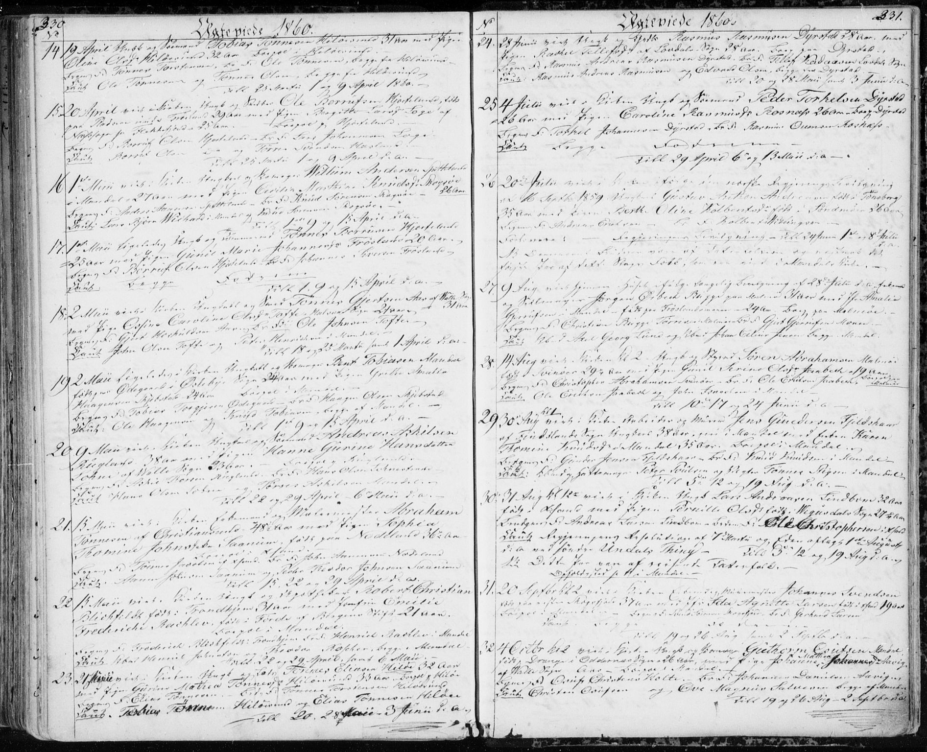 Mandal sokneprestkontor, SAK/1111-0030/F/Fb/Fba/L0008: Parish register (copy) no. B 2, 1854-1868, p. 330-331