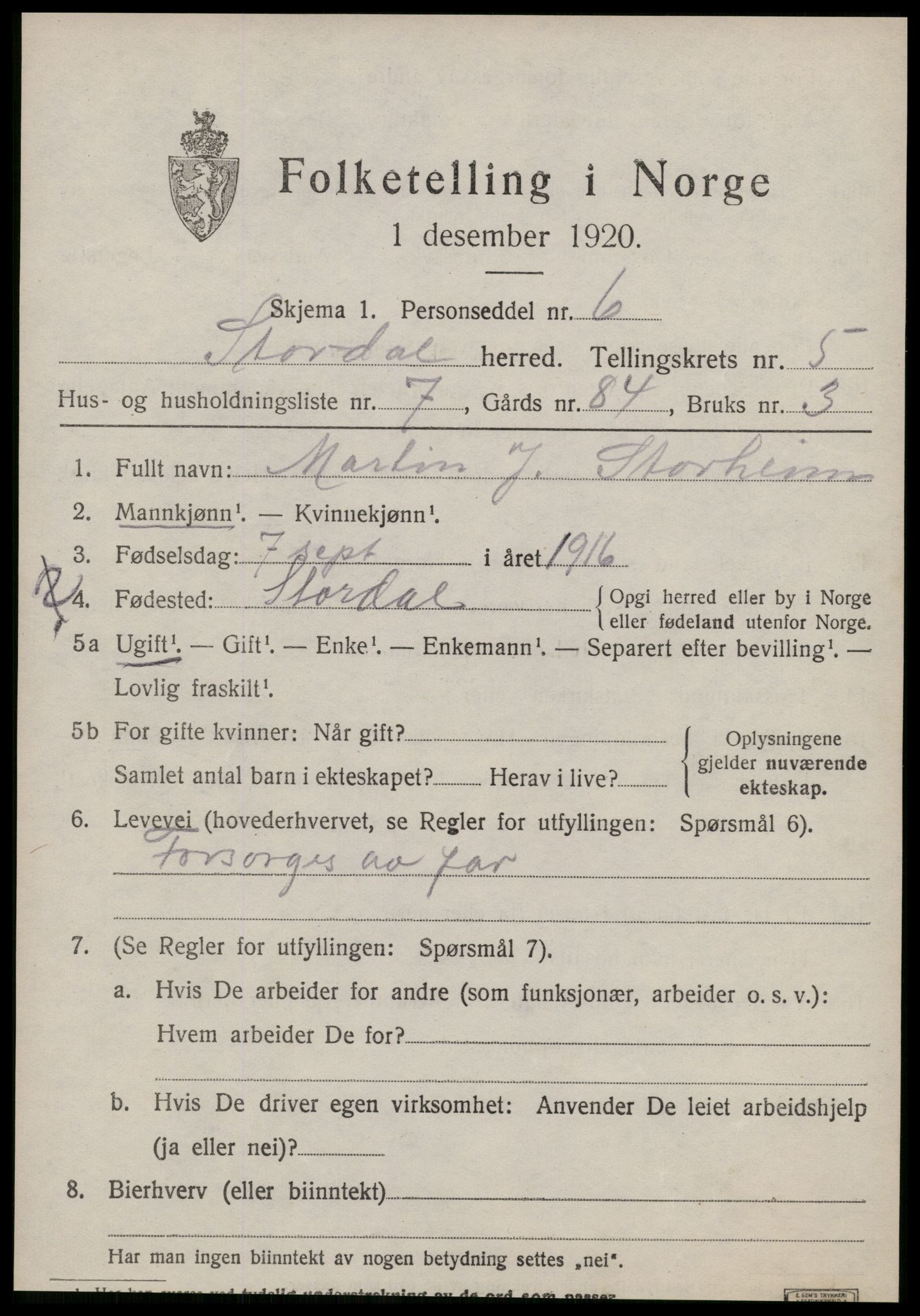 SAT, 1920 census for Stordal, 1920, p. 1624