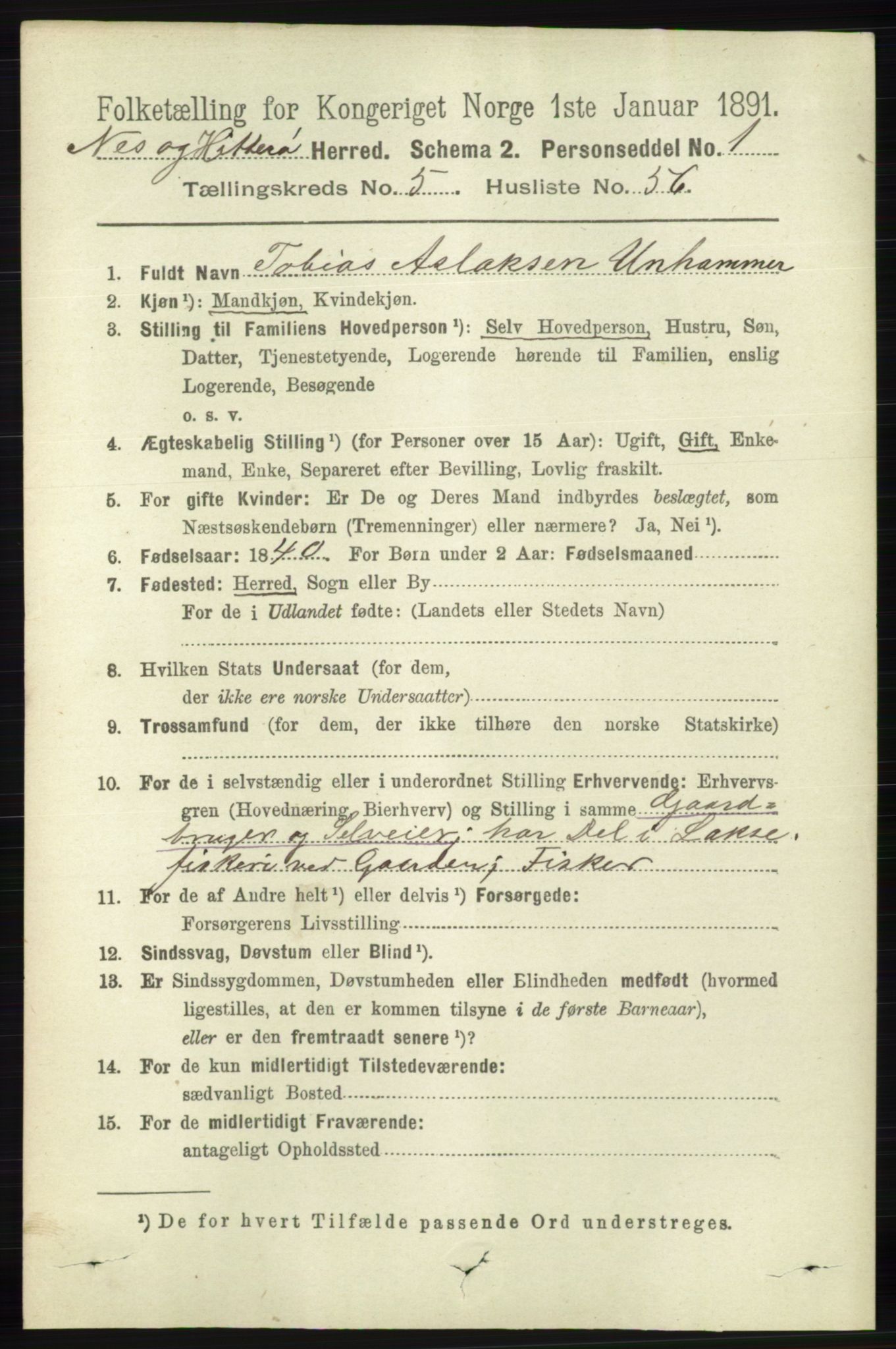 RA, 1891 census for 1043 Hidra og Nes, 1891, p. 2140