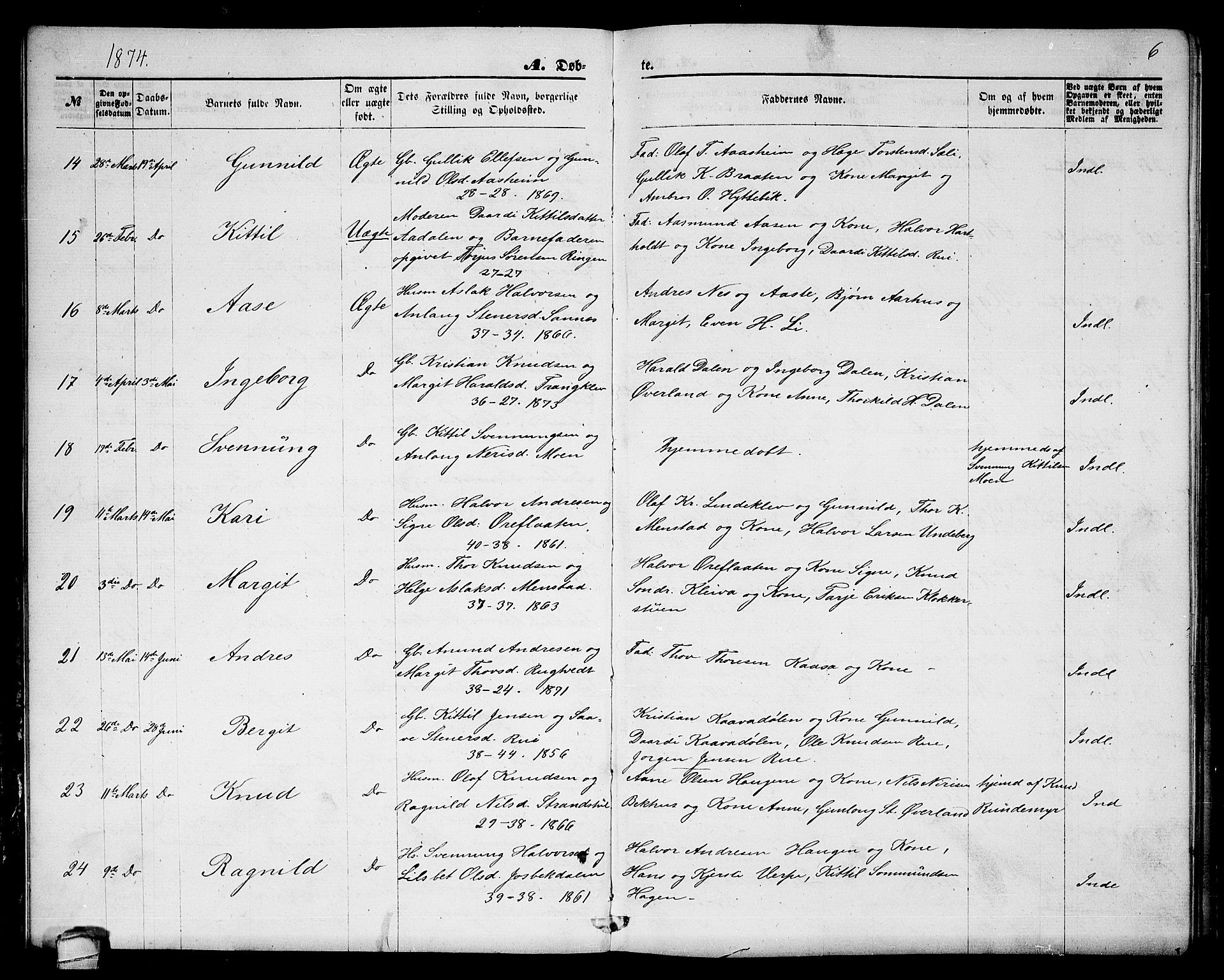 Seljord kirkebøker, AV/SAKO-A-20/G/Ga/L0004: Parish register (copy) no. I 4, 1873-1886, p. 6