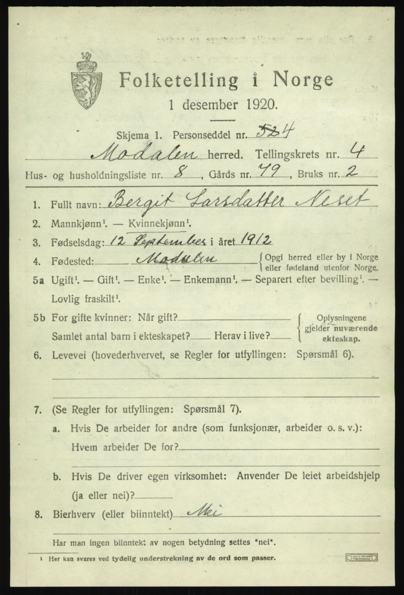 SAB, 1920 census for Modalen, 1920, p. 910