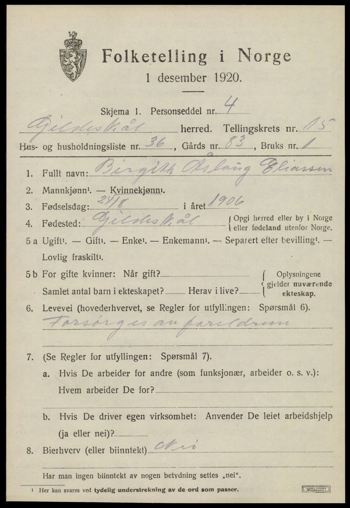 SAT, 1920 census for Gildeskål, 1920, p. 10168