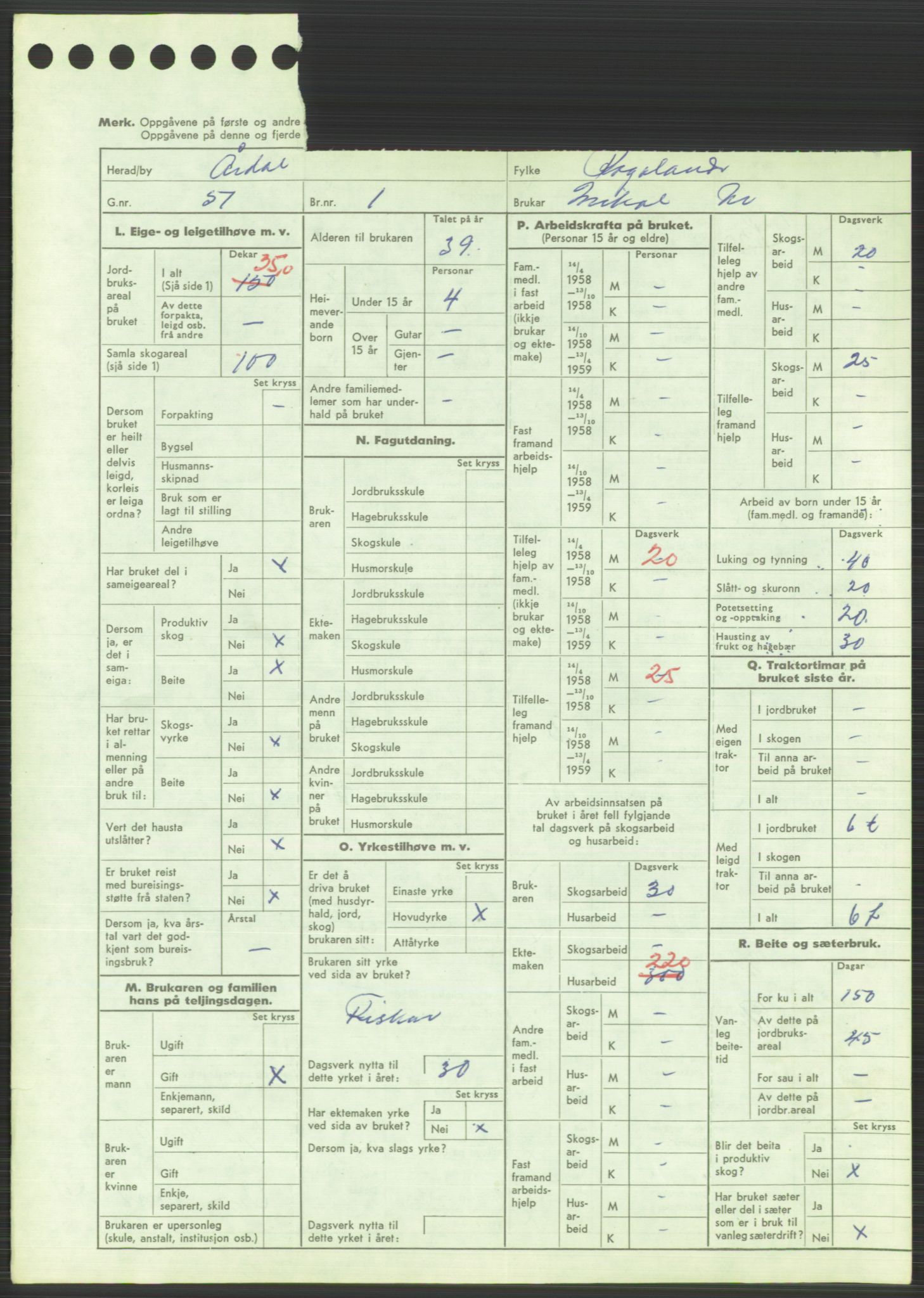 Statistisk sentralbyrå, Næringsøkonomiske emner, Jordbruk, skogbruk, jakt, fiske og fangst, AV/RA-S-2234/G/Gd/L0373: Rogaland: 1130 Strand (kl. 1-2), 1131 Årdal og 1132 Fister, 1959, p. 1157