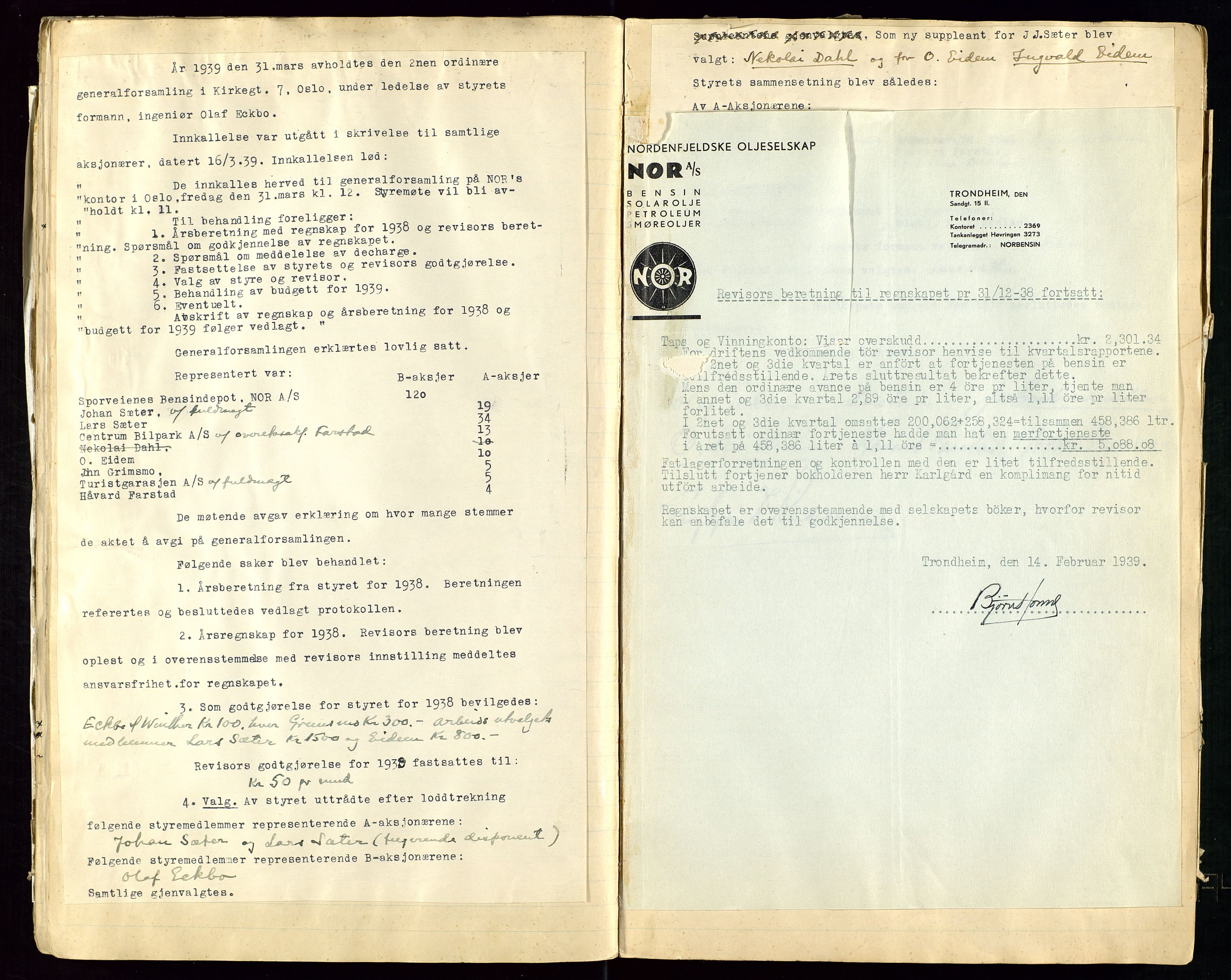 PA 1519 - Nordenfjeldske Oljeselskap, NOR A/S, AV/SAST-A-101924/A/L0001: Styreprotokoll, 1937-1962, p. 18