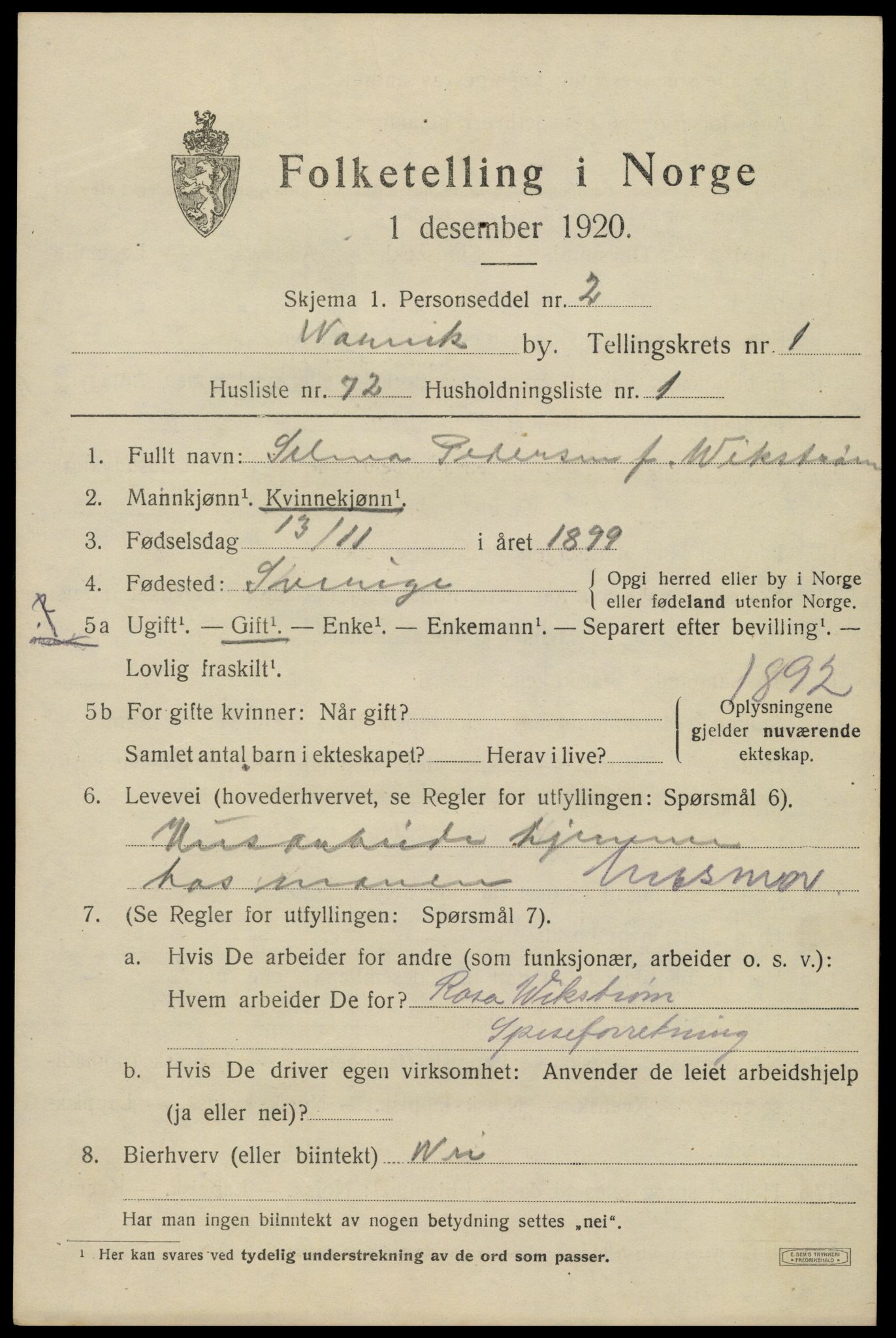 SAT, 1920 census for Narvik, 1920, p. 5188