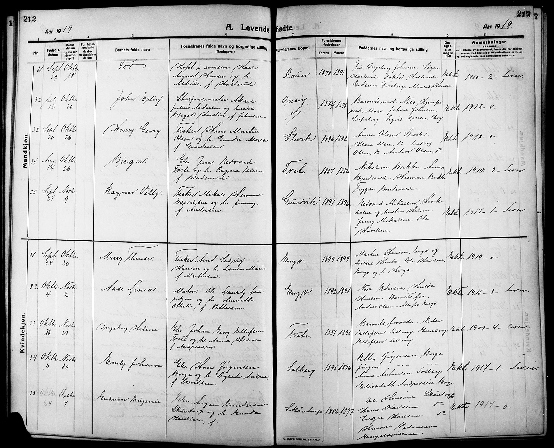 Onsøy prestekontor Kirkebøker, SAO/A-10914/G/Ga/L0003: Parish register (copy) no. I 3, 1910-1926, p. 212-213