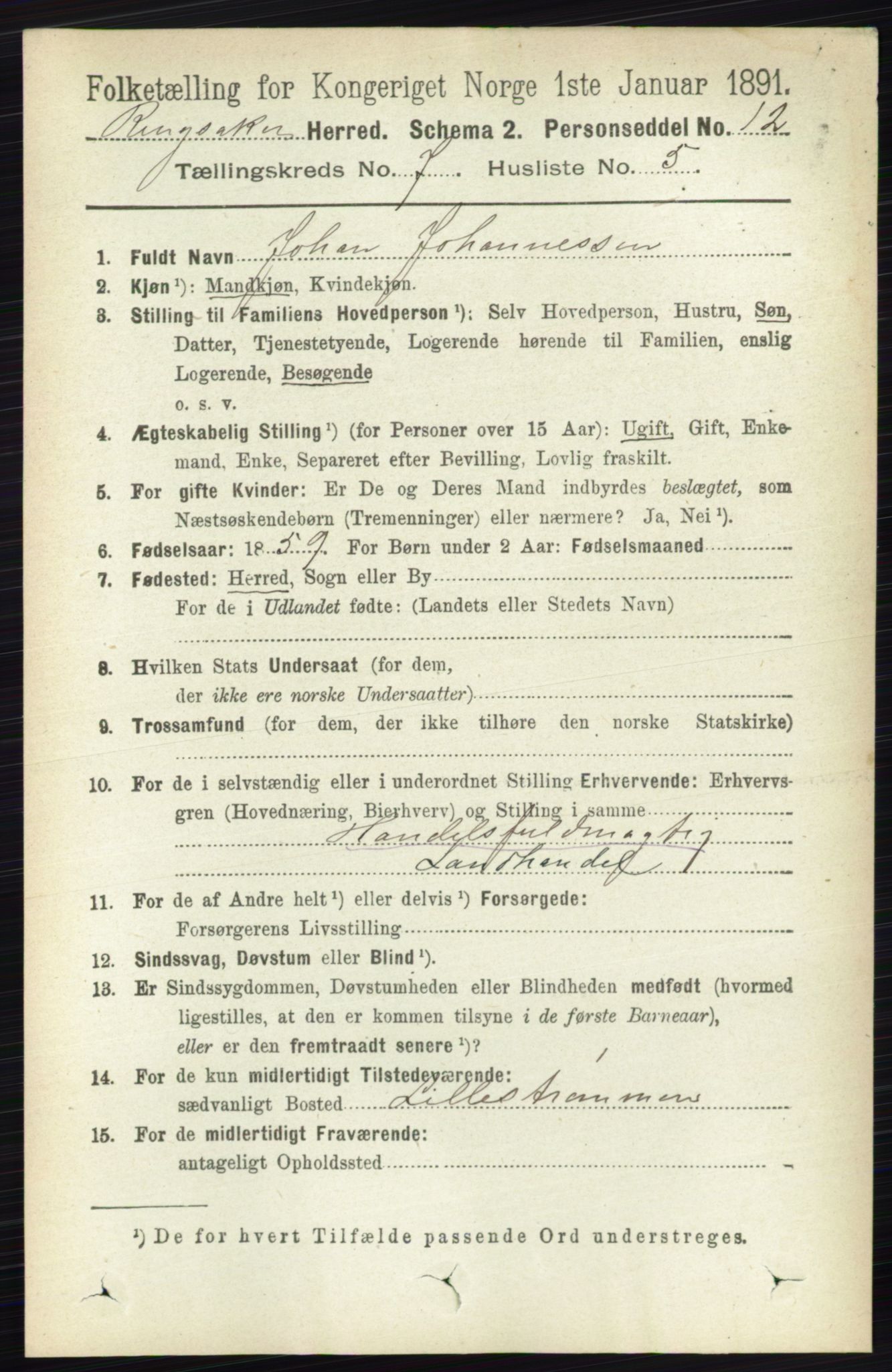 RA, 1891 census for 0412 Ringsaker, 1891, p. 3908