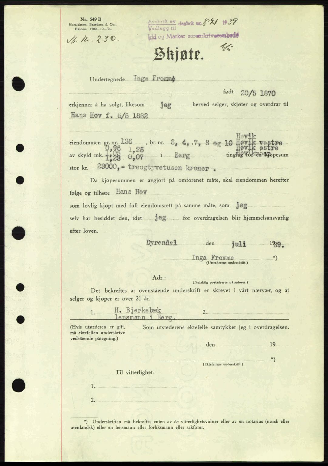 Idd og Marker sorenskriveri, AV/SAO-A-10283/G/Gb/Gbb/L0003: Mortgage book no. A3, 1938-1939, Diary no: : 871/1939