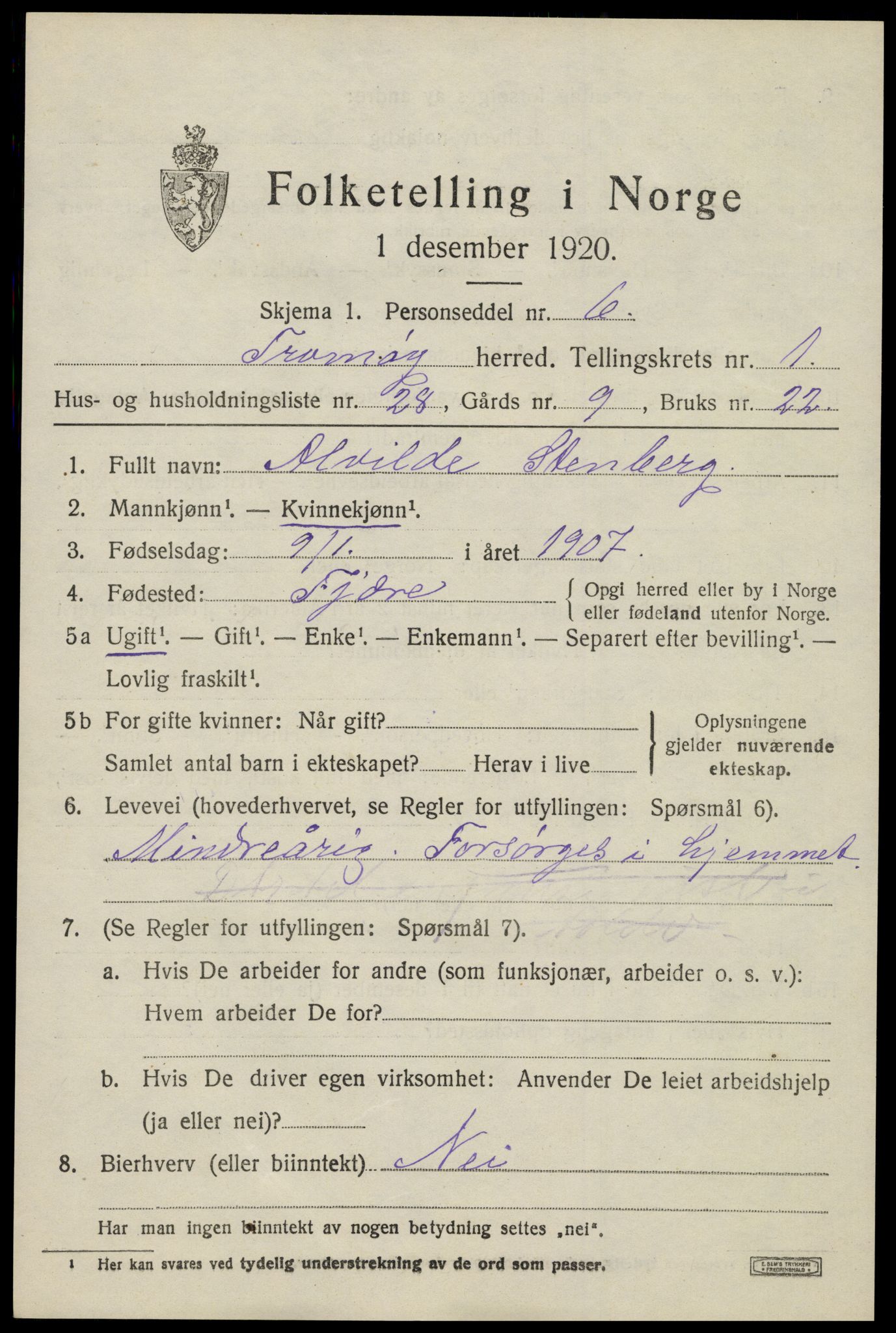 SAK, 1920 census for Tromøy, 1920, p. 1287